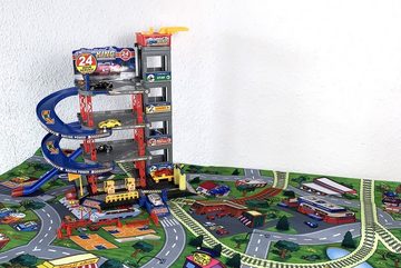 TikTakToo Spiel-Parkhaus Parkgarage Spielset mit Autos und viel Zubehör für Kinder (mit Waschstraße und Werkstatt, komplettes Spiel-SET), Incl. Spielteppich /Spielstraße, mit Tankstelle, Fahrstuhl