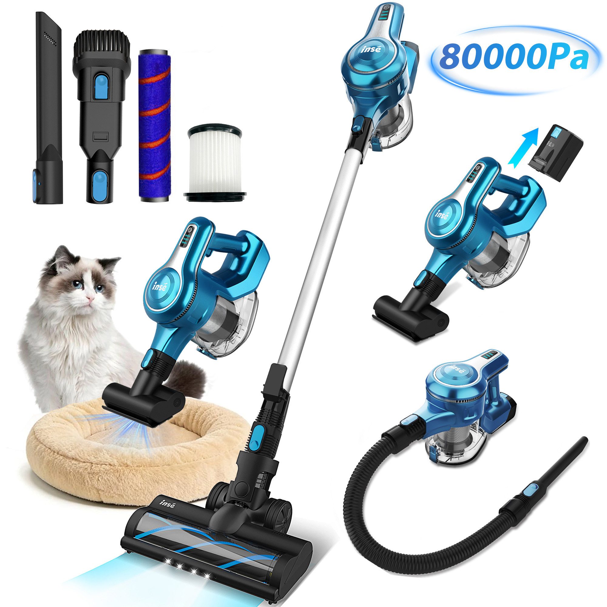 INSE Akku-Hand-und Stielstaubsauger Akku Staubsauger 80000Pa/50Min/1,2 L Staubsauger Kabellos, mit Beutel, 50 dB leise/5-Stufen-HEPA Filter/LED Display, für Böden/Teppiche/Auto