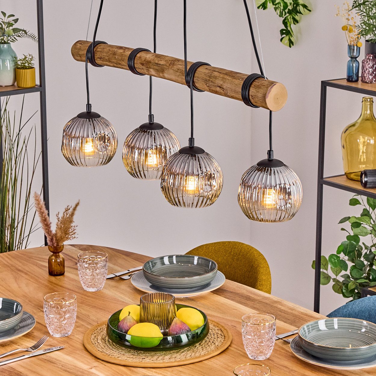 Pendelleuchte Hängelampe aus Metall/Holz/Riffelglas in Schwarz/Natur/Rauch/Klar