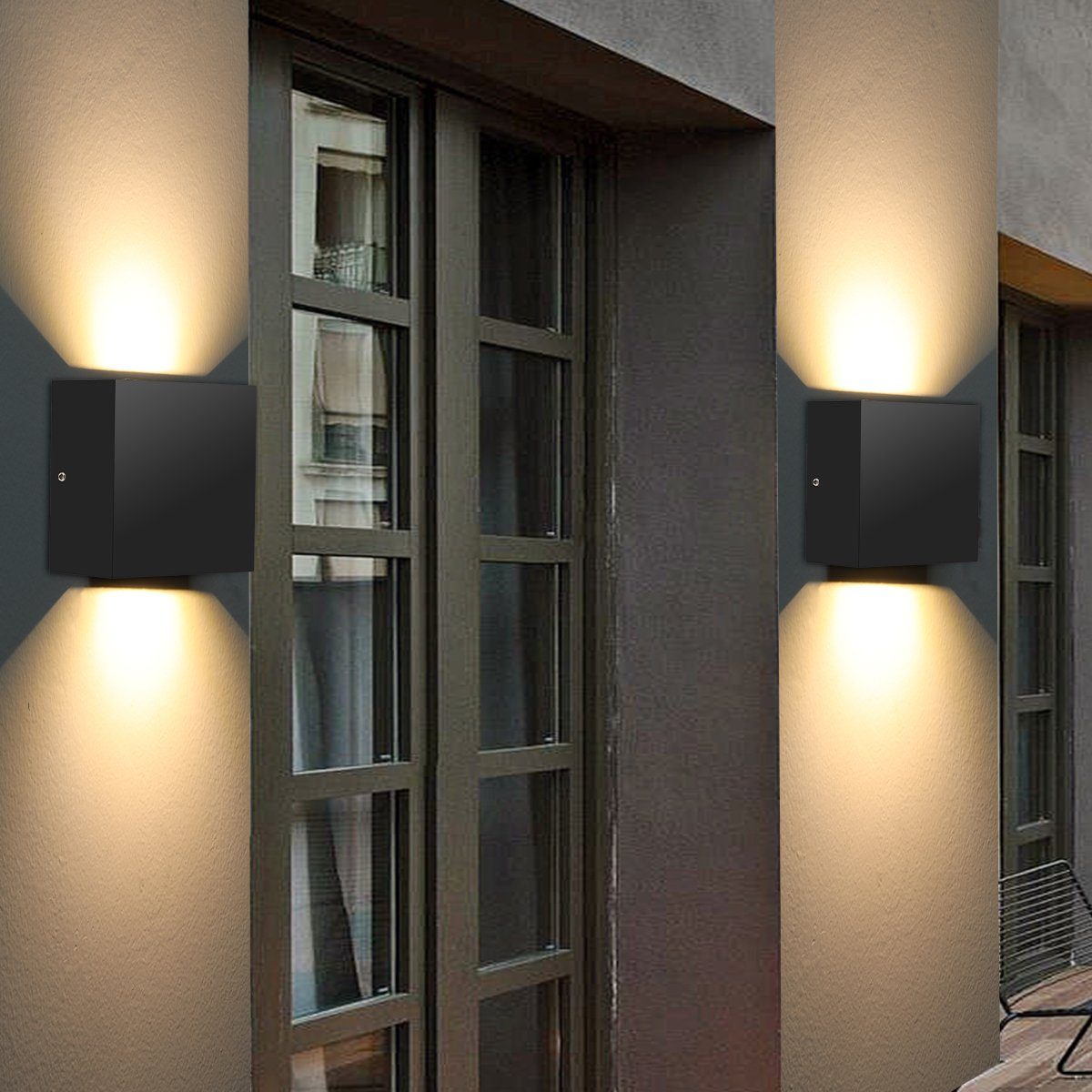 LETGOSPT Wandleuchte 2x Modern Cube LED Wandlampe, 12W Wandleuchte Auf und ab Lichtstrahl, LED fest integriert, Warmweiß, IP65 Wasserdicht LED Wandleuchte, für Wohnzimmer, Treppe, Balkon 2 Stück Schwarz