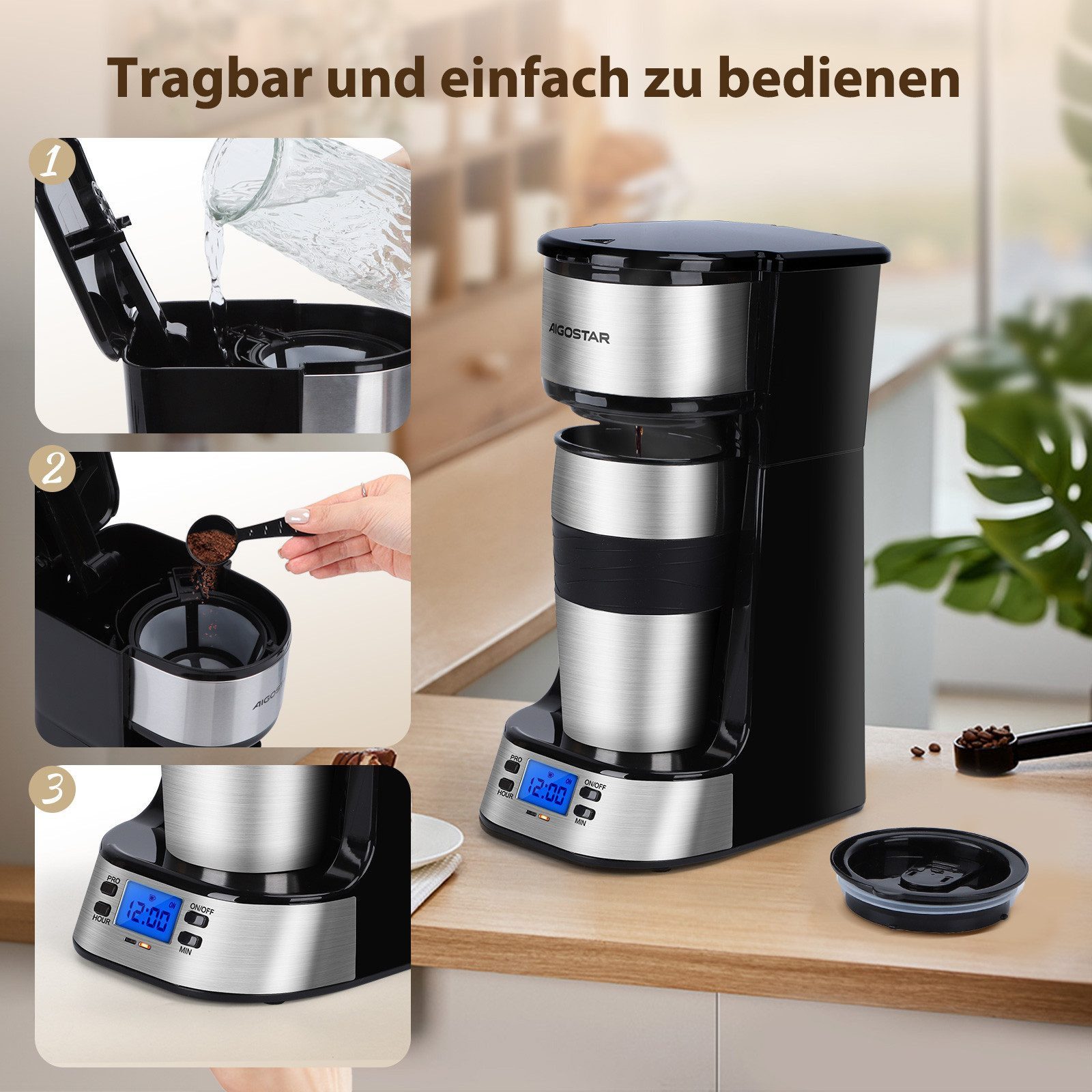 Aigostar Kaffeemaschine mit Mahlwerk, Korbfilter, Kaffeemaschine mit Thermobecher, 24h-Timer, AutoClean-Funktion – Bild 4 von 5