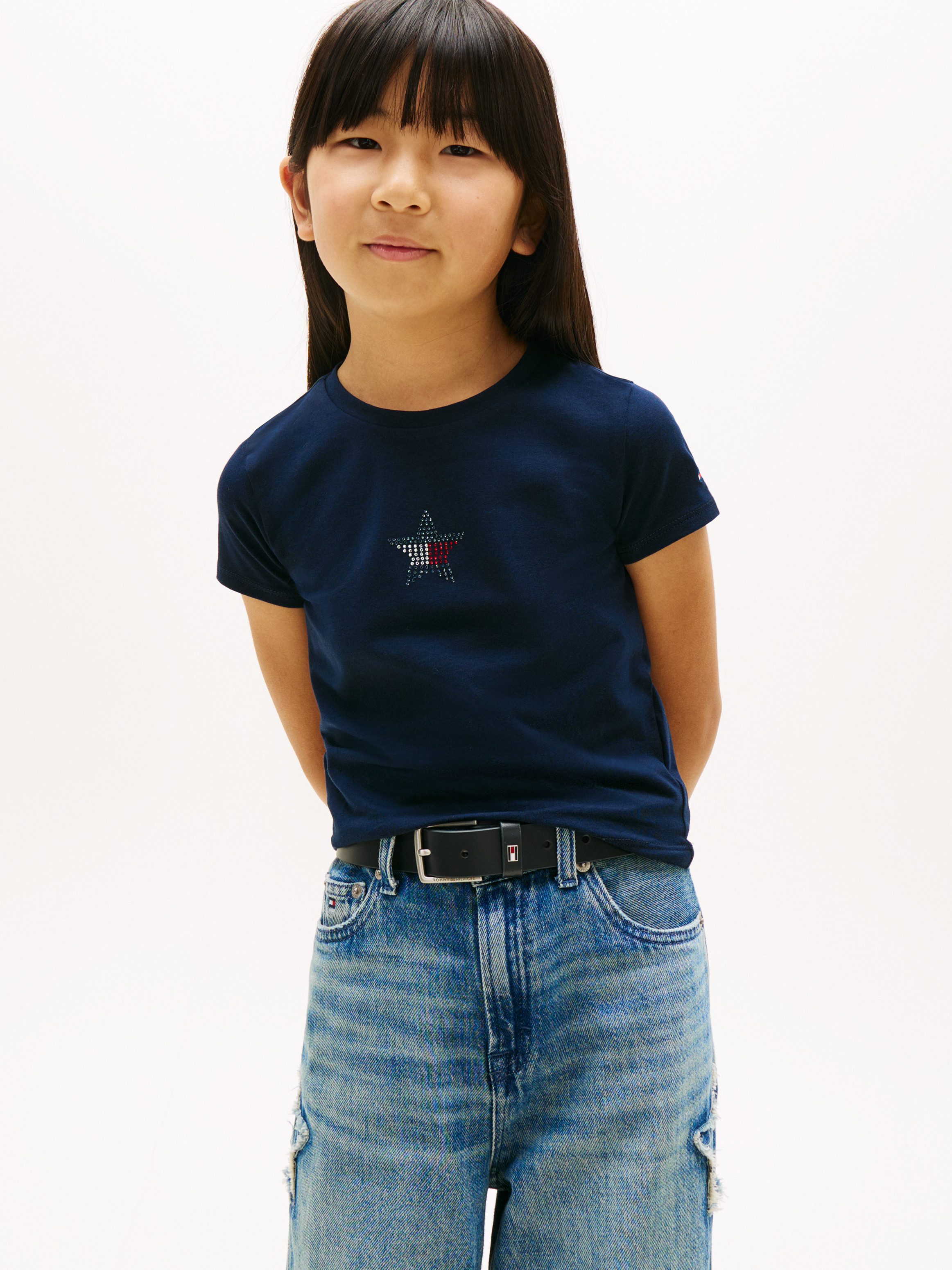 Tommy Hilfiger T-Shirt STAR FLAG TEE SHORT SLEEVE Kinder bis 16 Jahre, Logo mit Strass-Steinen