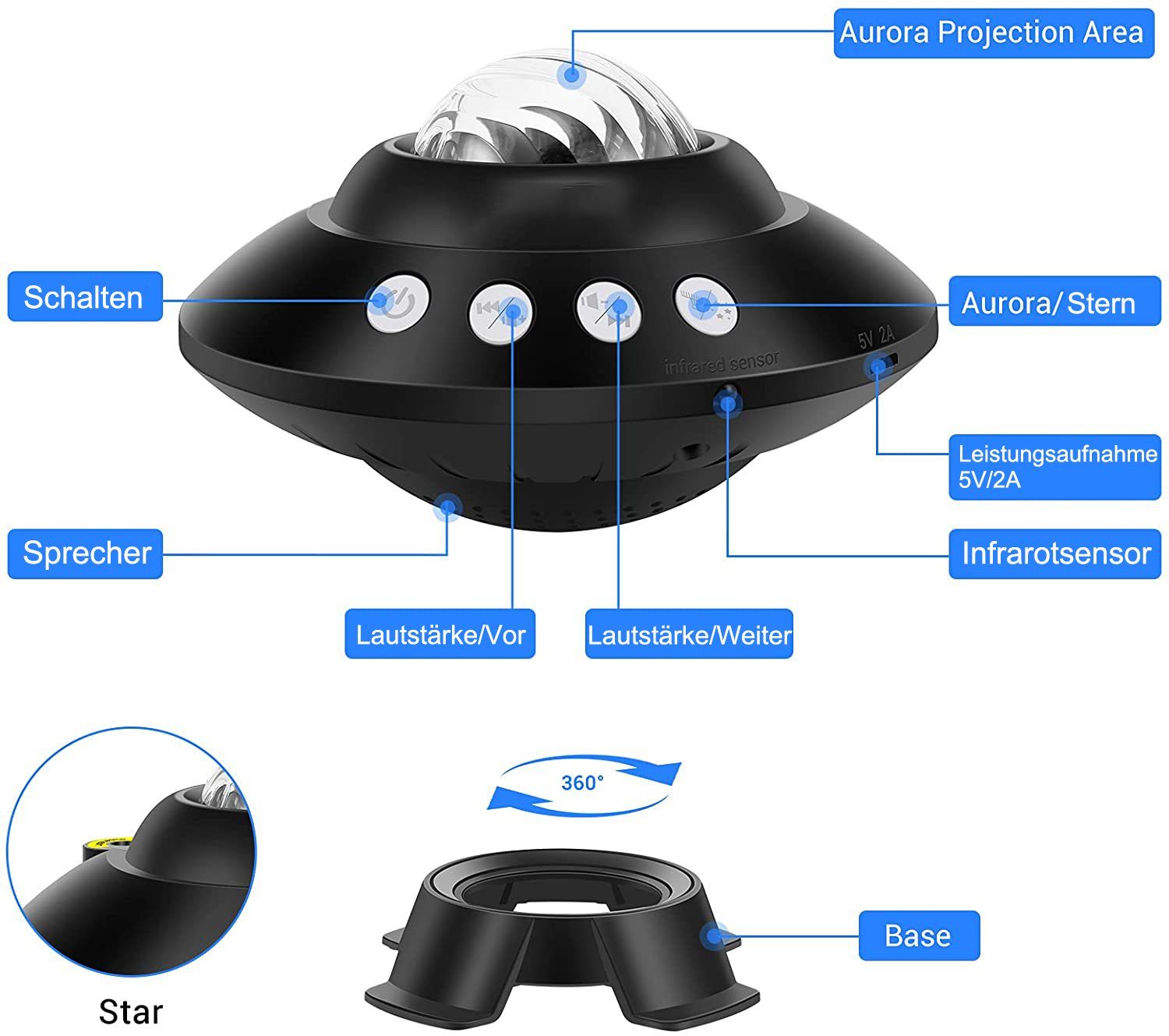 LAMON Sternenhimmel Lichter, Star Projector, Bluetooth-Musikplayer und  USB-Anschluss Projektor-Lampen, Schwarz, farbig