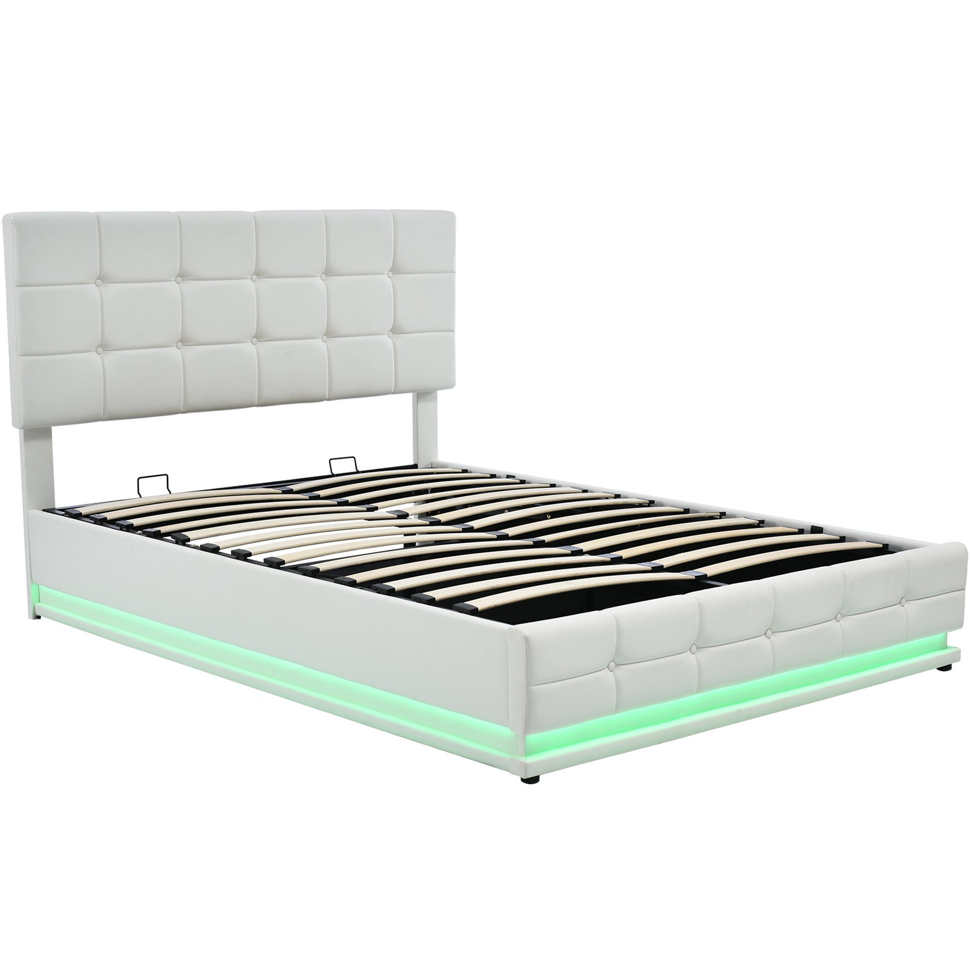 REDOM Polsterbett Hydraulisch anhebbarer Bettstauraum,Bettkasten (140x200 aus Bettrahmen Einfach LED, Bezug Bett mit Weiß montierender Modernes cm Lattenrost Kunstleder), zu