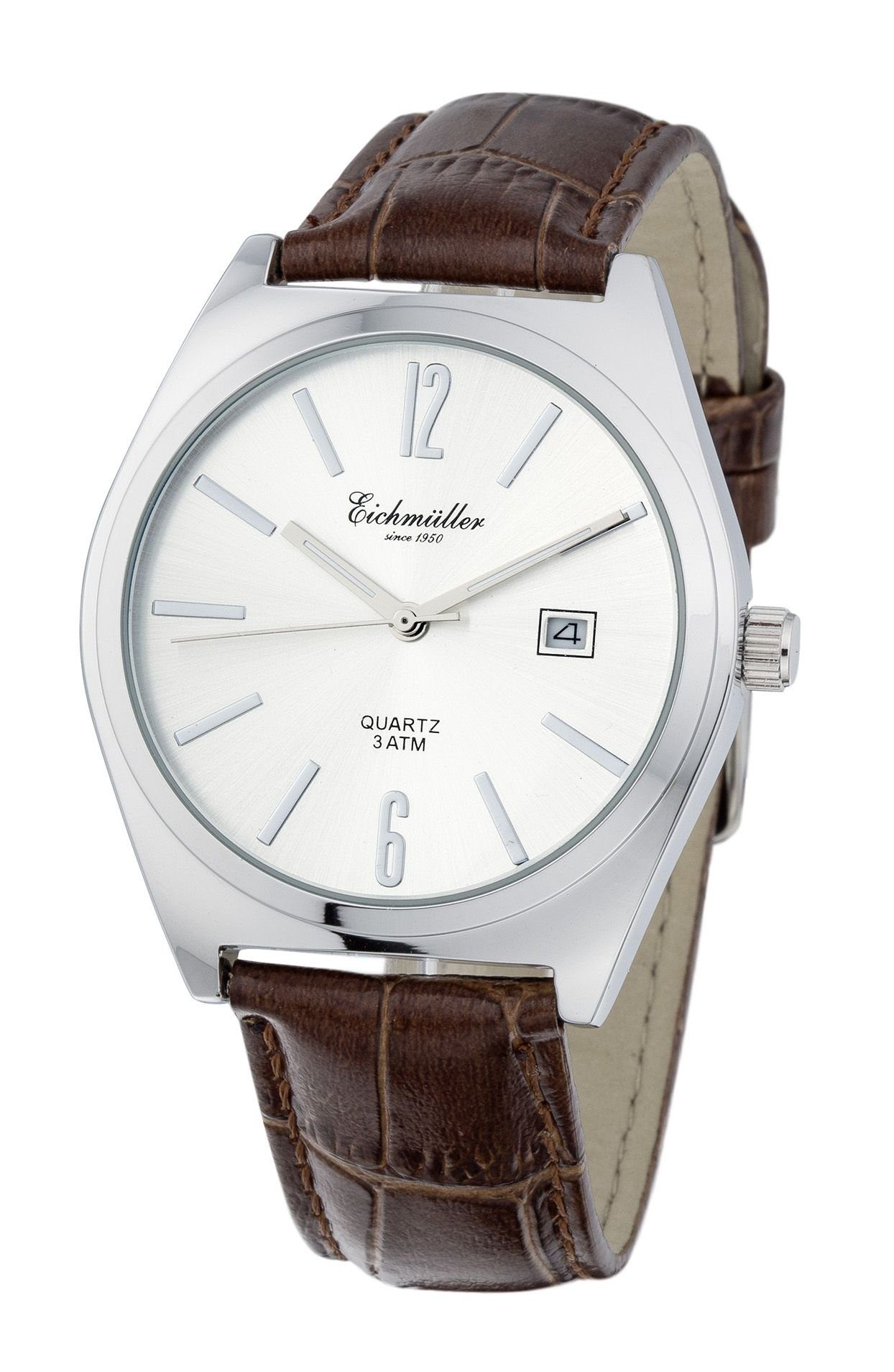 Eichmüller Quarzuhr Herrenuhr 7046-05 Silberfarben Lederband Braun 40 mm | Quarzuhren