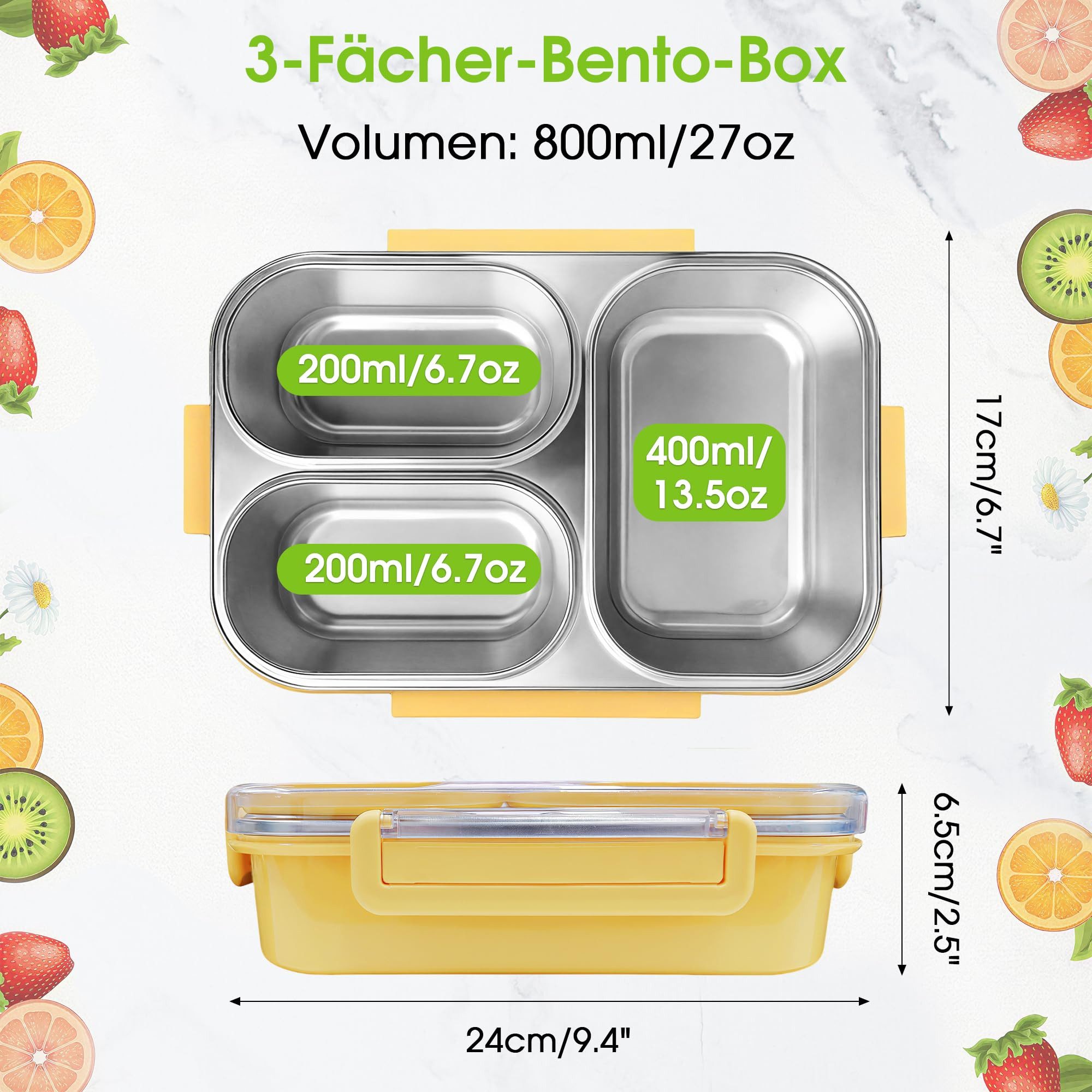 FOUORTUNATE-BEE Lunchbox 800ml Lunchbox Brotdose Edelstahl mit 3 Fächern, ABS und Edelstahl, (Unabhängiger Dichtungsring, Auslaufsicher Lunchbox)