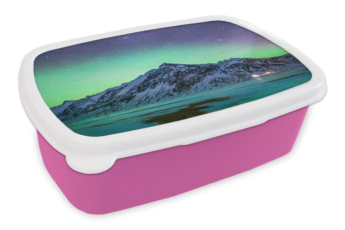 MuchoWow Lunchbox Berg - Nordlichter - Schweden - Schnee - Grün - Winter, Kunststoff, (2-tlg), Brotbox für Erwachsene, Brotdose Kinder, Snackbox, Mädchen, Kunststoff rosa