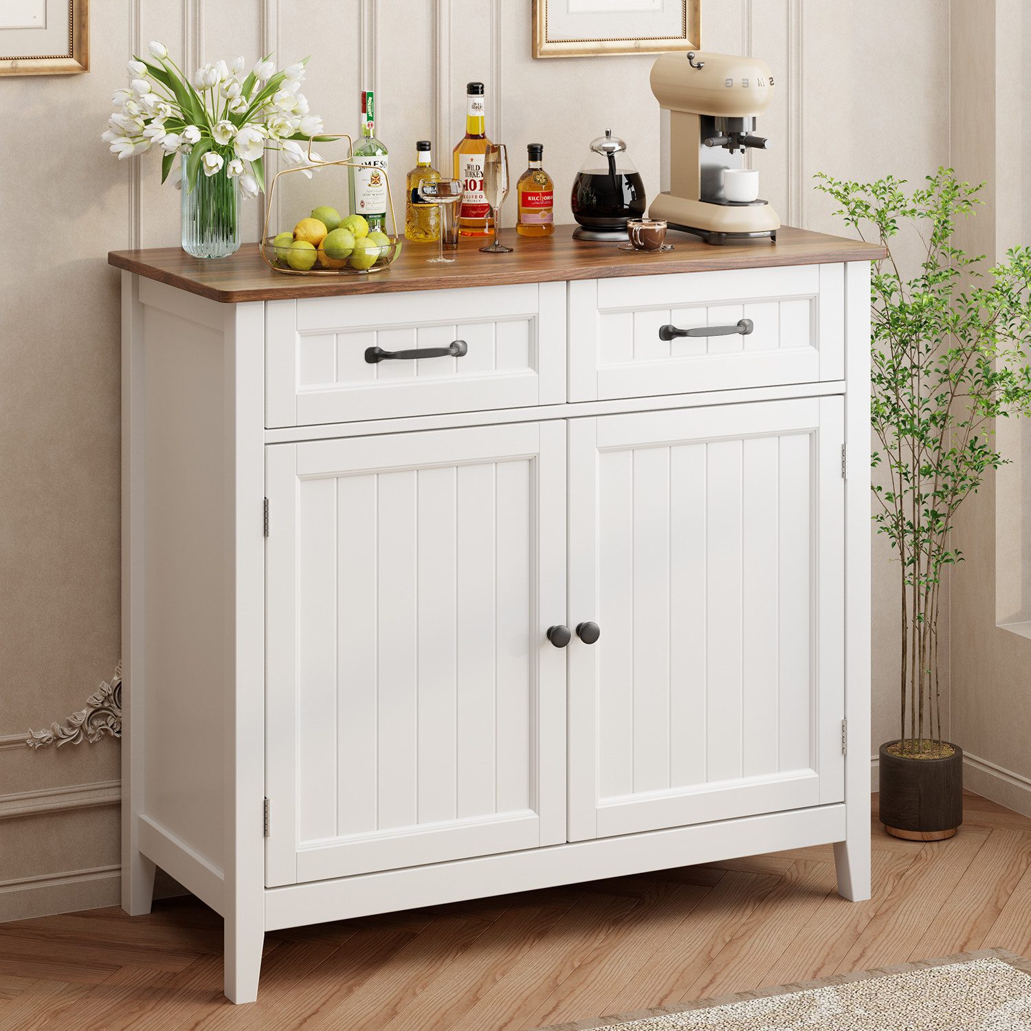 TiooDre Sideboard 120 Cm – Küchenschrank Mit Arbeitsplatte, 2 Schubladen & 2 Türen, Changhong-Glastür, Weiß
