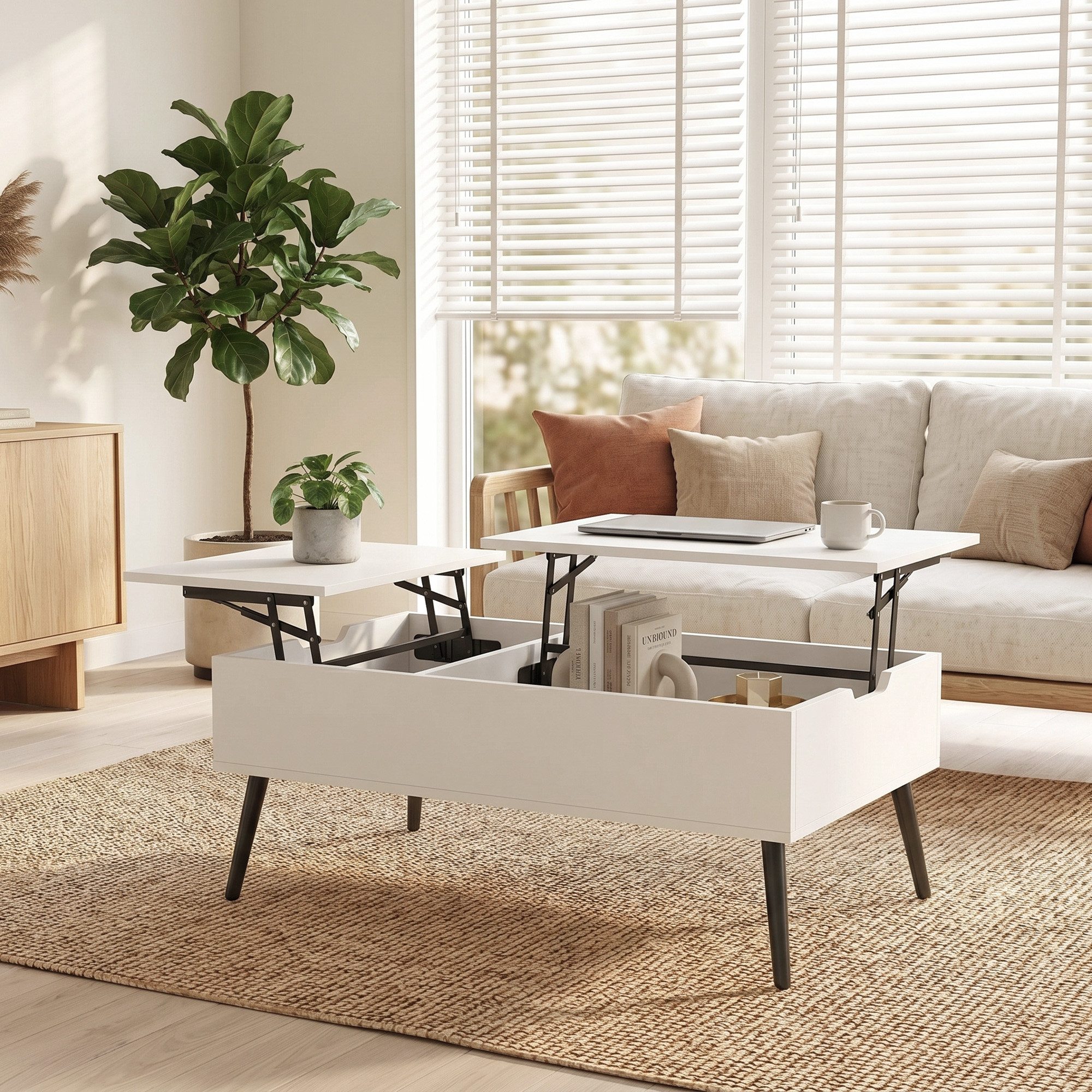 OKWISH Couchtisch Wohnzimmertisch 50x100 cm Weiß mit verstecktem Stauraum (Packung, 1-St., Moderner Sofatisch für Wohnzimmer mit cleverer Funktion), Höhenverstellbarer Tisch mit praktischem Aufbewahrungsfach