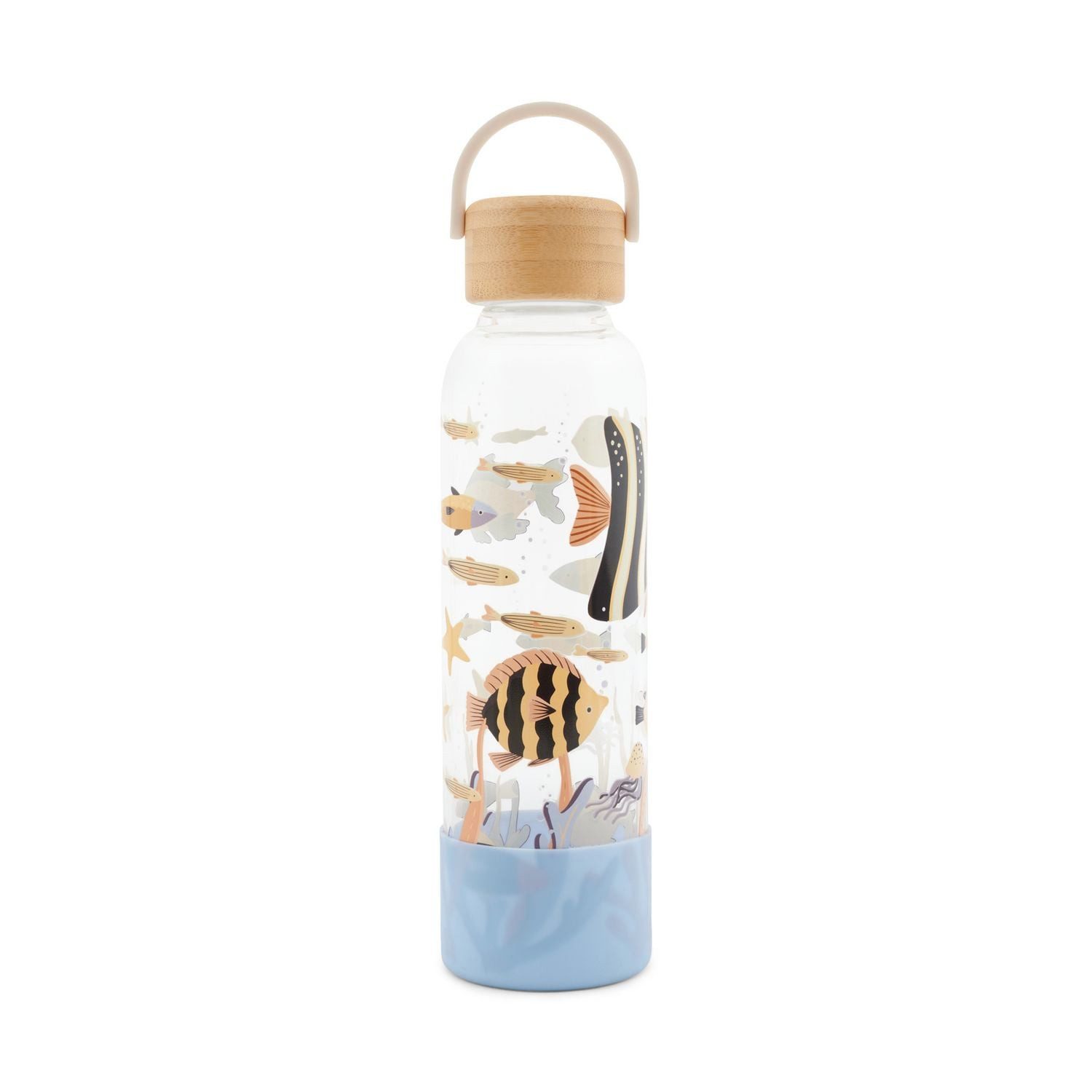 Kartenkompass Trinkflasche aus Glas mit Silikoncover, ""Blue Ocean""