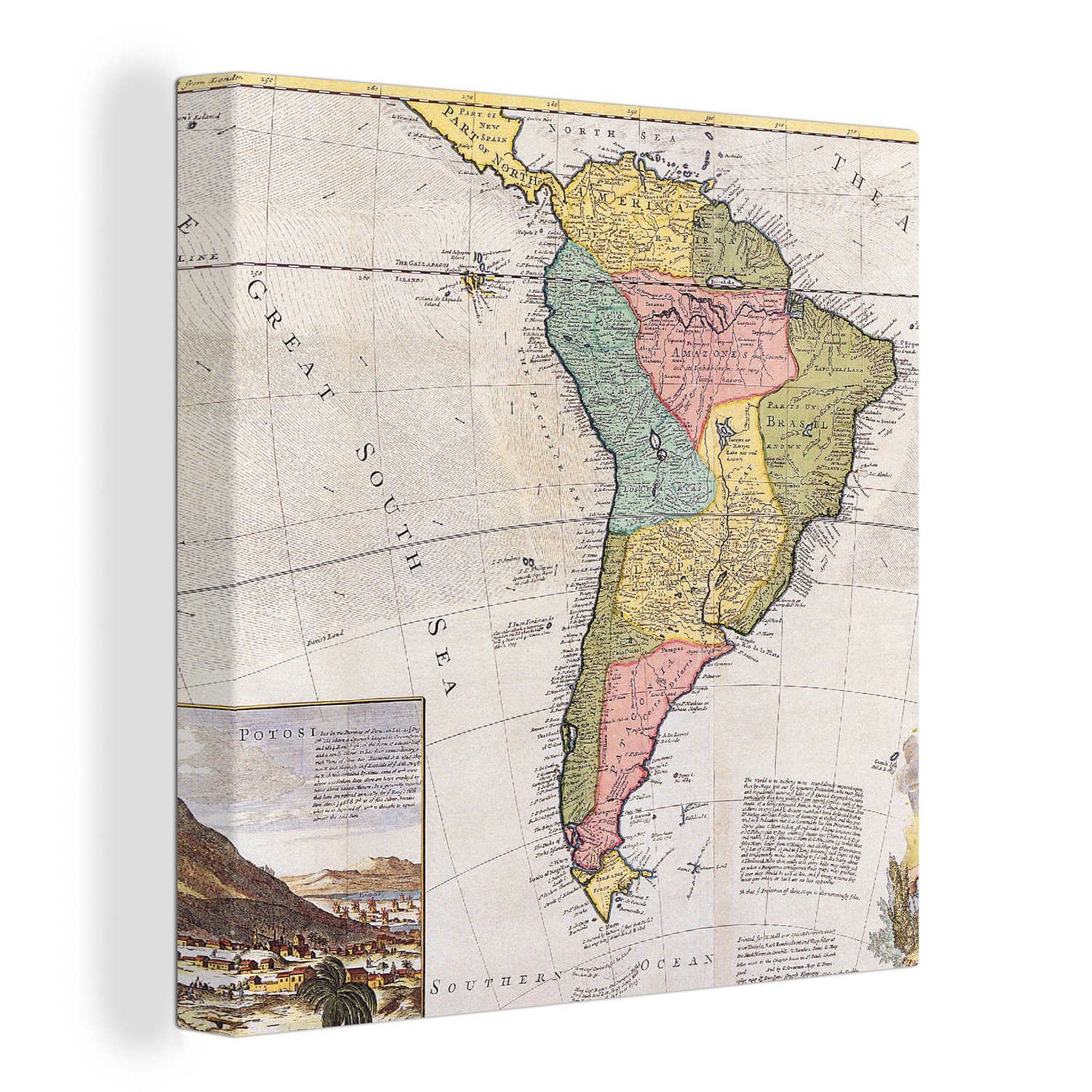 OneMillionCanvasses® Leinwandbild Kontinent - Südamerika Schlafzimmer Antike, - Leinwand St), Wohnzimmer Karte für - (1 Bilder