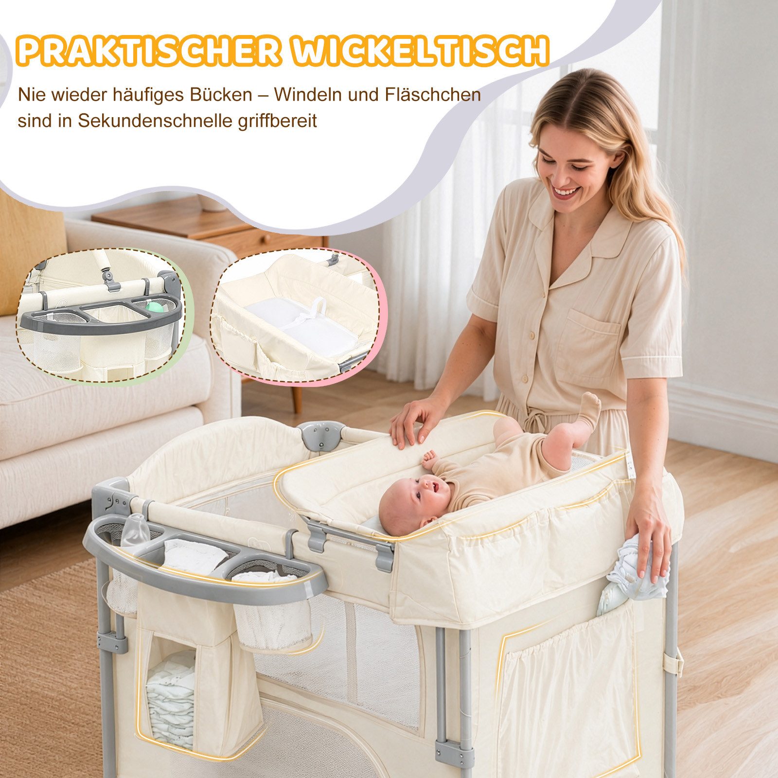 LALAHO Baby-Reisebett Faltbares Baby Reisebett- Babybett mit Matratze, Tragetasche&Stauraum, Laufstall Baby, Wickeltisch, Zwei Matratzenaufhängungshöhen