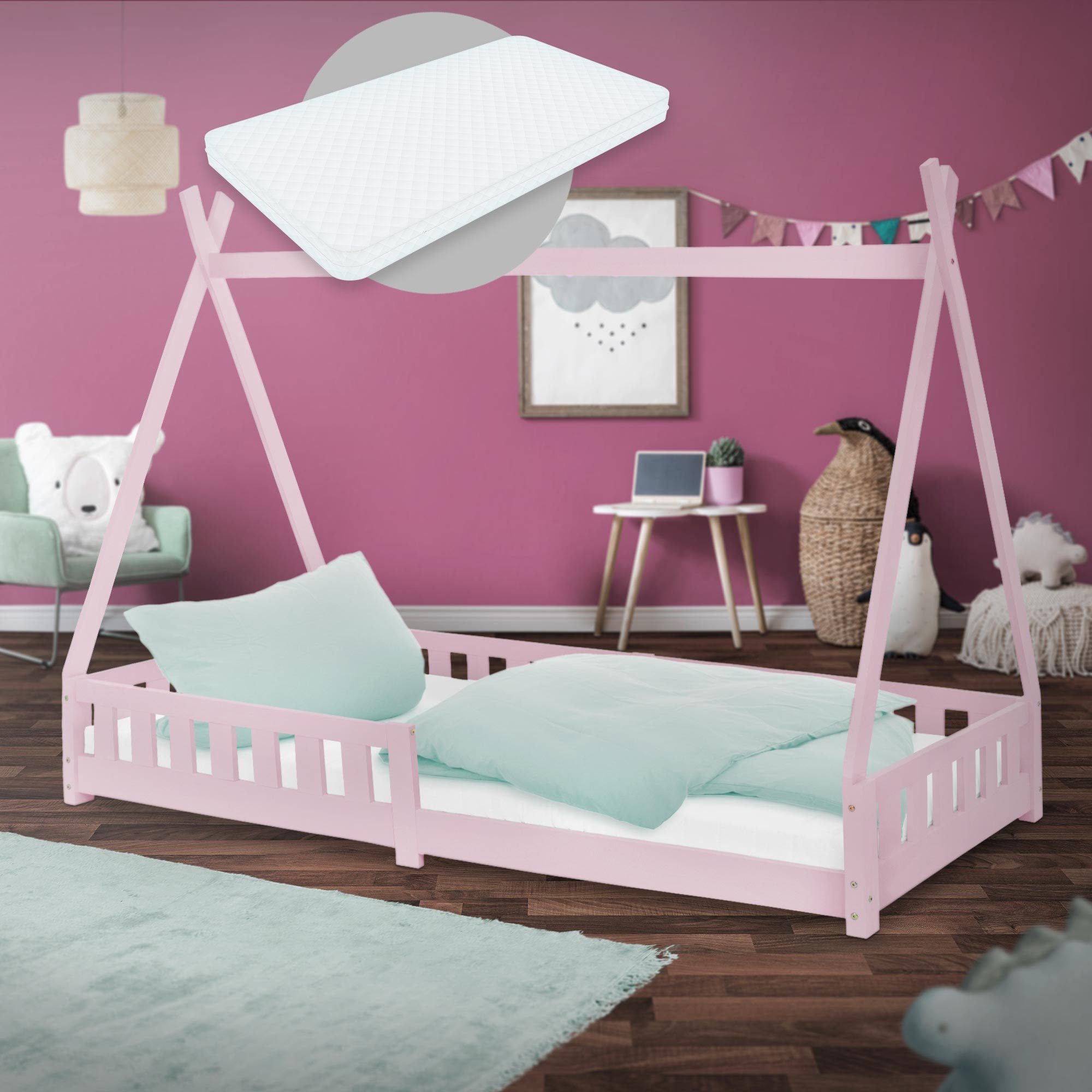ML-DESIGN Kinderbett Kinderbett mit Rausfallschutz und Lattenrost inkl. Matratze 90x200 cm