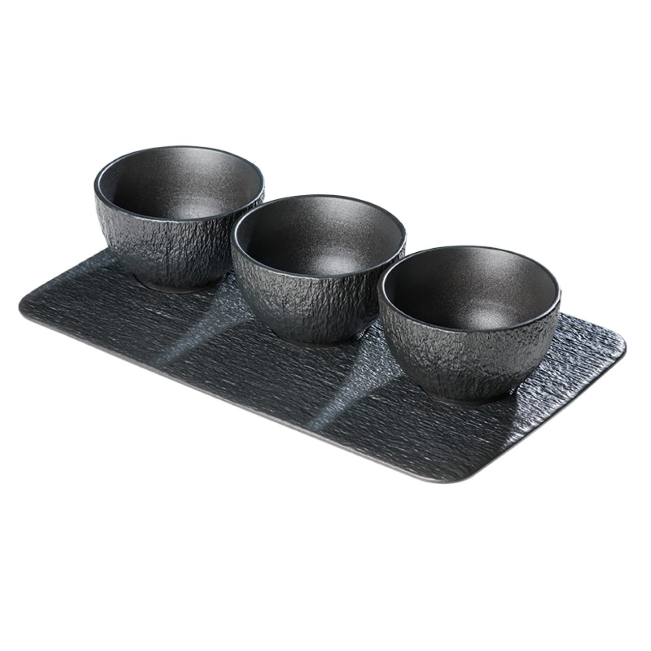 CHEF CUISINE International Dipschale 3er Set, ø 9 cm, inklusive Tablett, Schieferoptik, Porzellan
