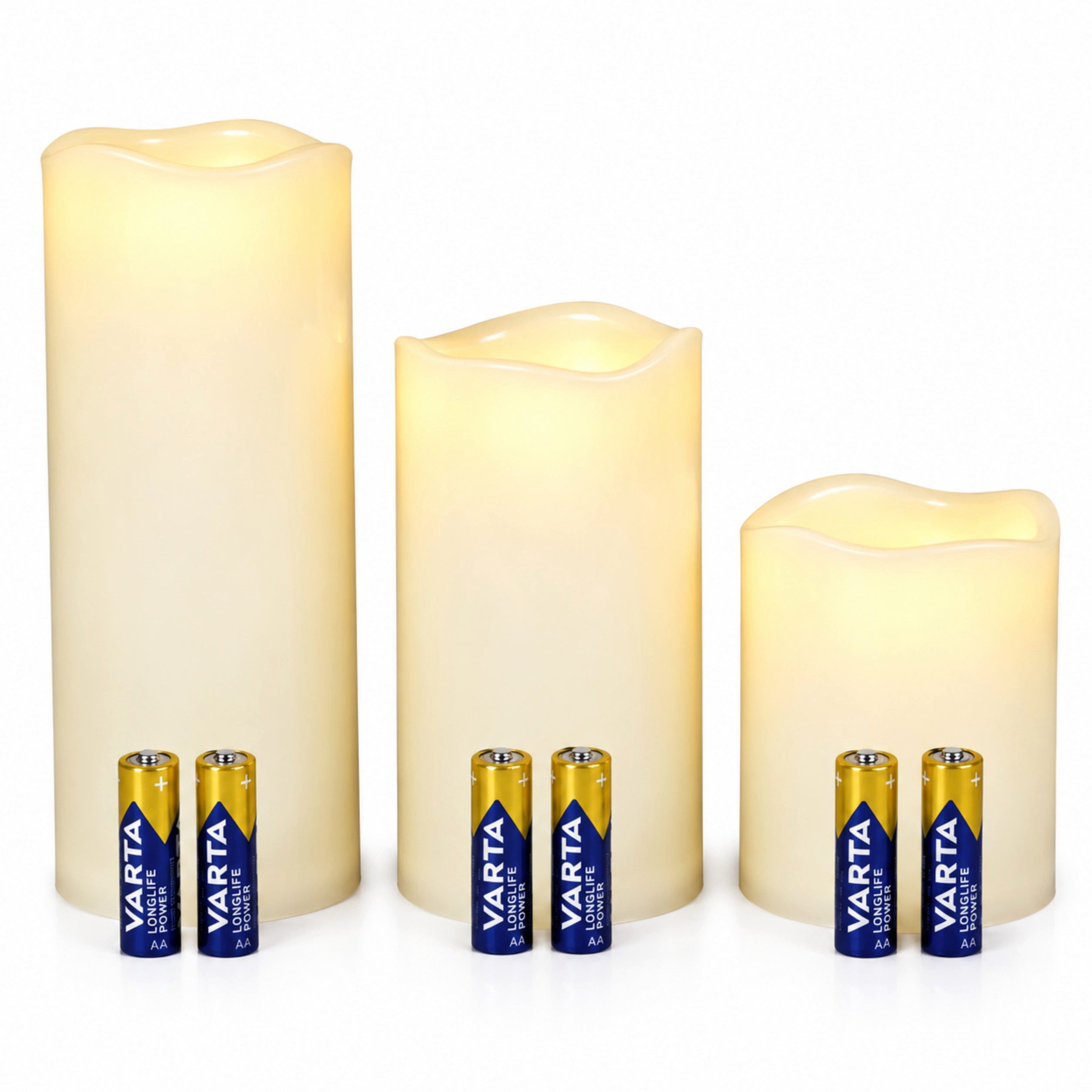 Fachhandel Plus LED-Kerze Fachhandel Plus Leuchtkerzen 3er-Set mit Timer und Varta Batterien, Flackerfunktion, 6-Stunden-Timer, LED fest integriert, warmweiß, Flackerlicht, 6-Stunden-Timer und Echtwachs-Optik