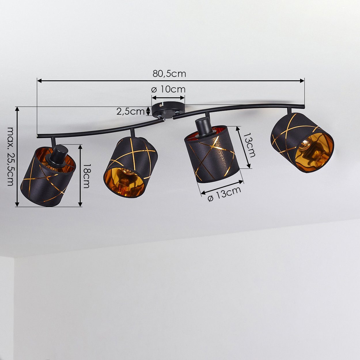 mit 4-flammige Modern kupferfarben, Metall Leuchtmittel, aus Stoffschirmen, und 4xE27 Zimmerlampe Deckenlampe Deckenleuchte ohne in hofstein »Osimo« verstellbaren schwarz Look