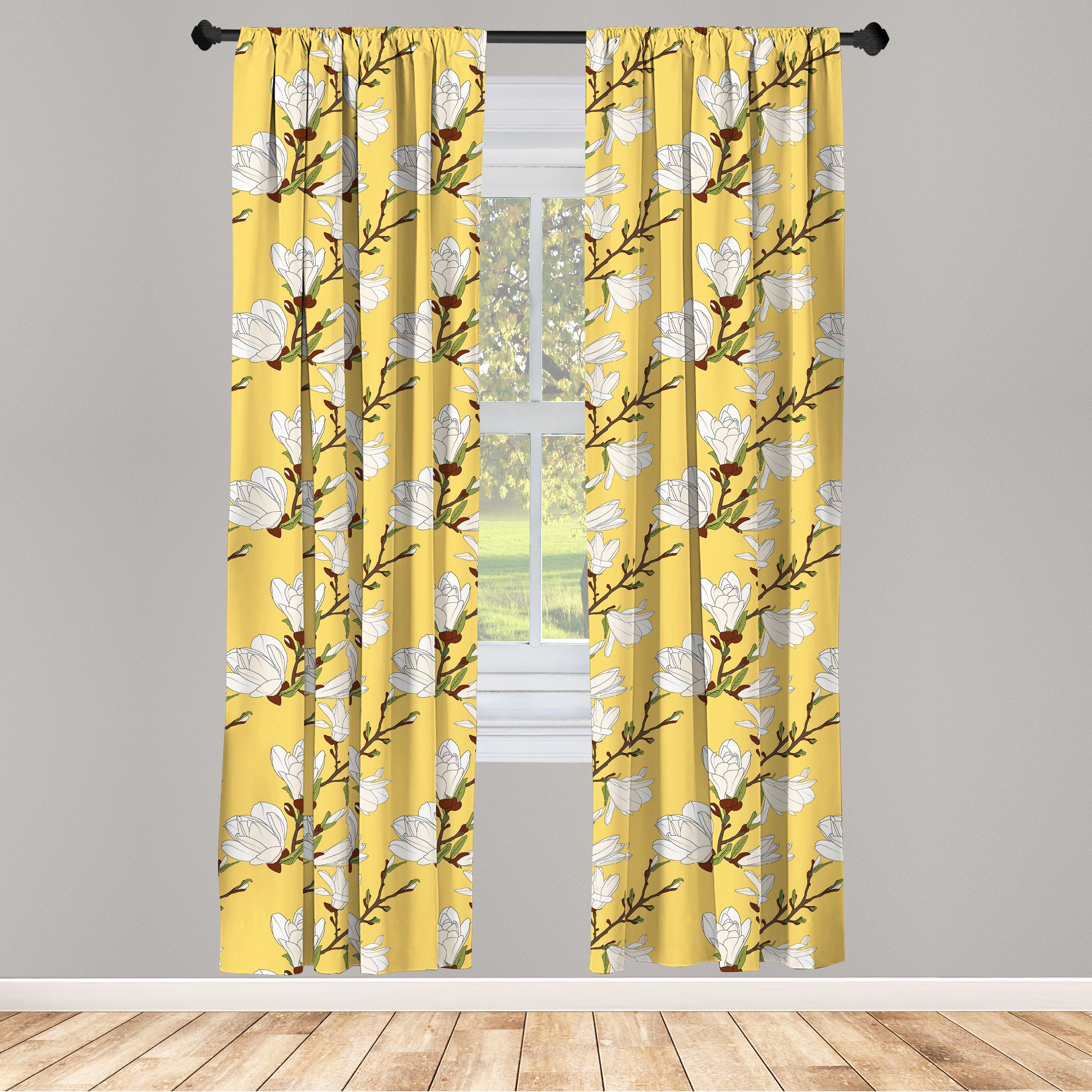 Gardine Vorhang für Wohnzimmer Schlafzimmer Dekor, Abakuhaus, Microfaser, Blumen Retro Magnolia Zweig Kunst