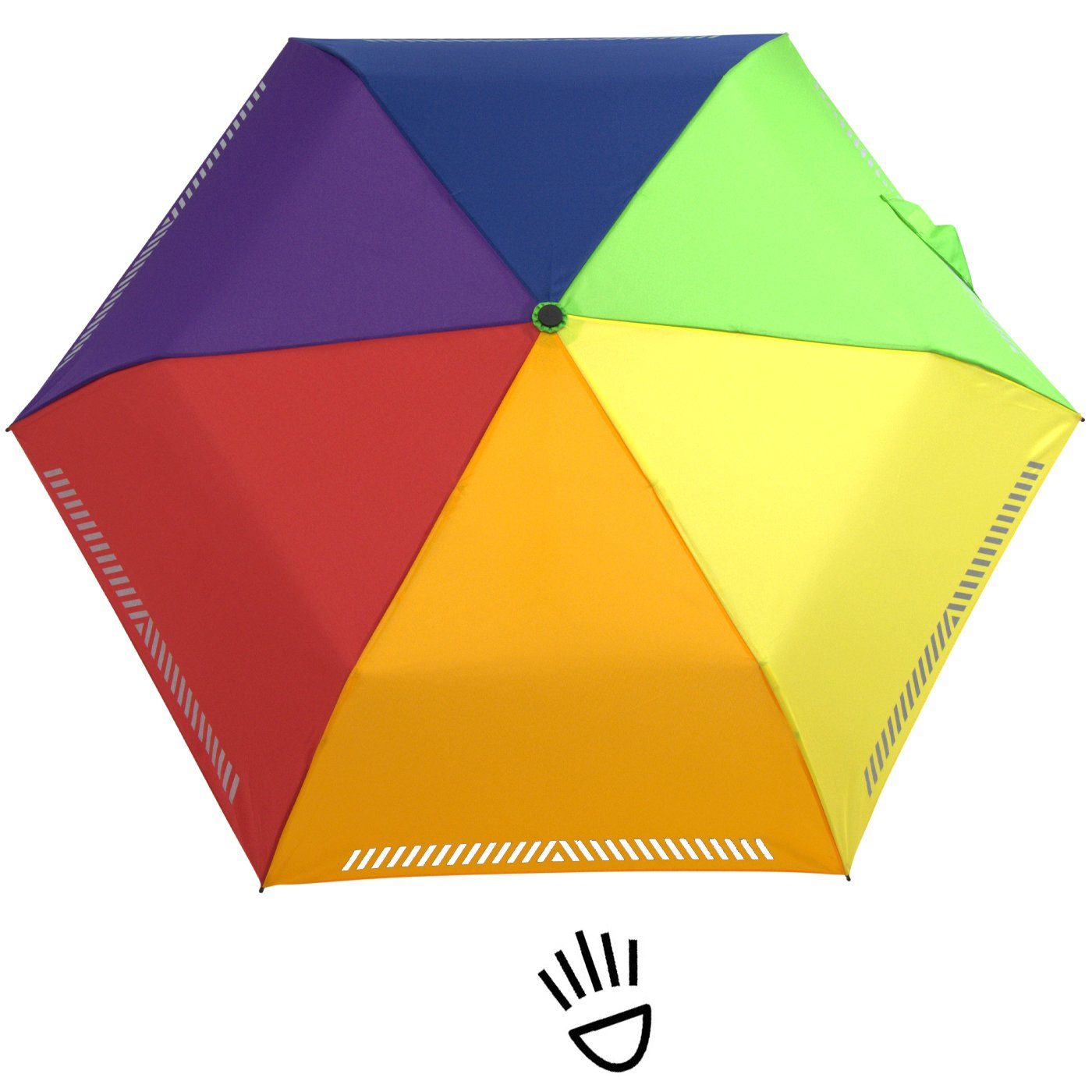 Taschenregenschirm Kinderschirm Auf-Zu-Automatik, mit Sicherheit iX-brella Reflex-Streifen reflektierend, Regenbogen - durch