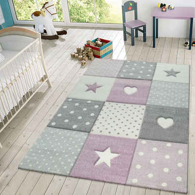 Kinderteppich Teppich Kinderzimmer Kinderteppich Sterne Herz Punkte Kurzflor Pastell, TT Home, rund, Höhe: 16 mm