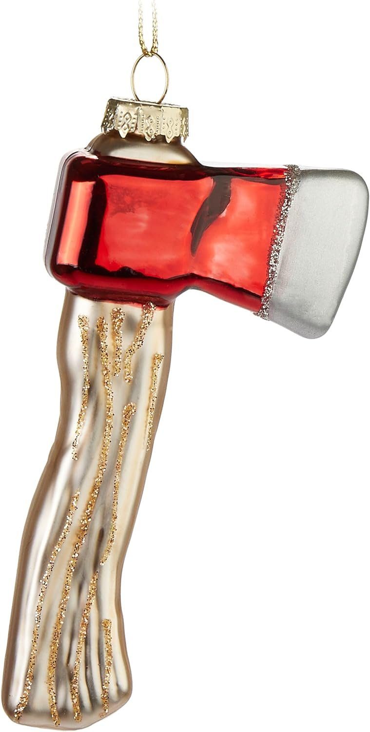 BRUBAKER Weihnachtsbaumkugel Axt - Handbemalte Weihnachtskugel - 11 cm Baumkugel für Holzfäller (1 St), Glas Christbaumschmuck - Deko Figur Weihnachten - Rot, Weiß