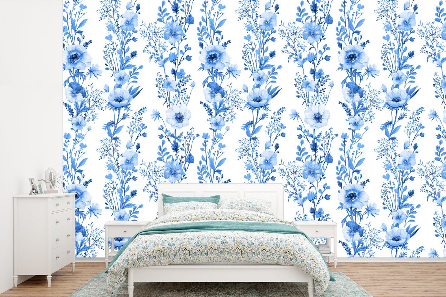 MuchoWow Fototapete Blumen - Anemone - Muster - Blau, Matt, bedruckt, (6 St), Wallpaper für Wohnzimmer, Schlafzimmer, Kinderzimmer, Vinyl Tapete