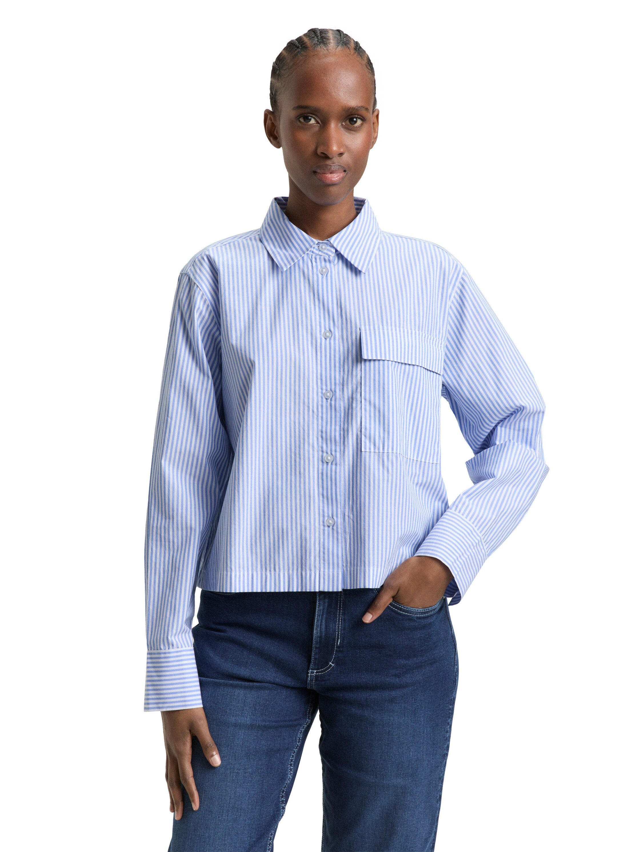 TOM TAILOR Denim Langarmbluse gestreift, kurze Form, mit Brusttasche