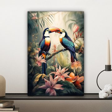 OneMillionCanvasses® Leinwandbild Tukan - Vögel - Blumen - Natur - Dschungel, (1 St), Leinwandbild fertig bespannt inkl. Zackenaufhänger, Gemälde, 20x30 cm