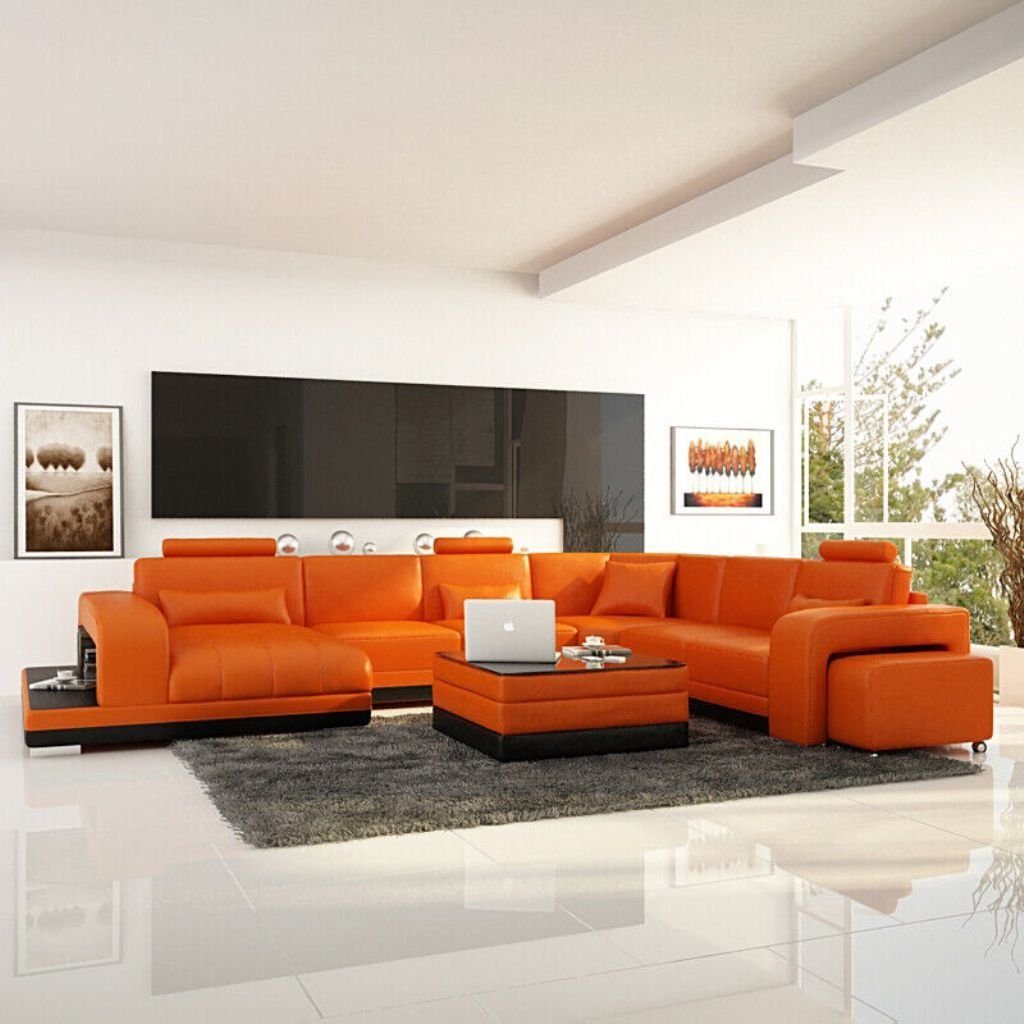 Orange JVmoebel Moderne Ecke Design Garnitur USB Couch Ecksofa Wohnlandschaft Leder Eck Sofa