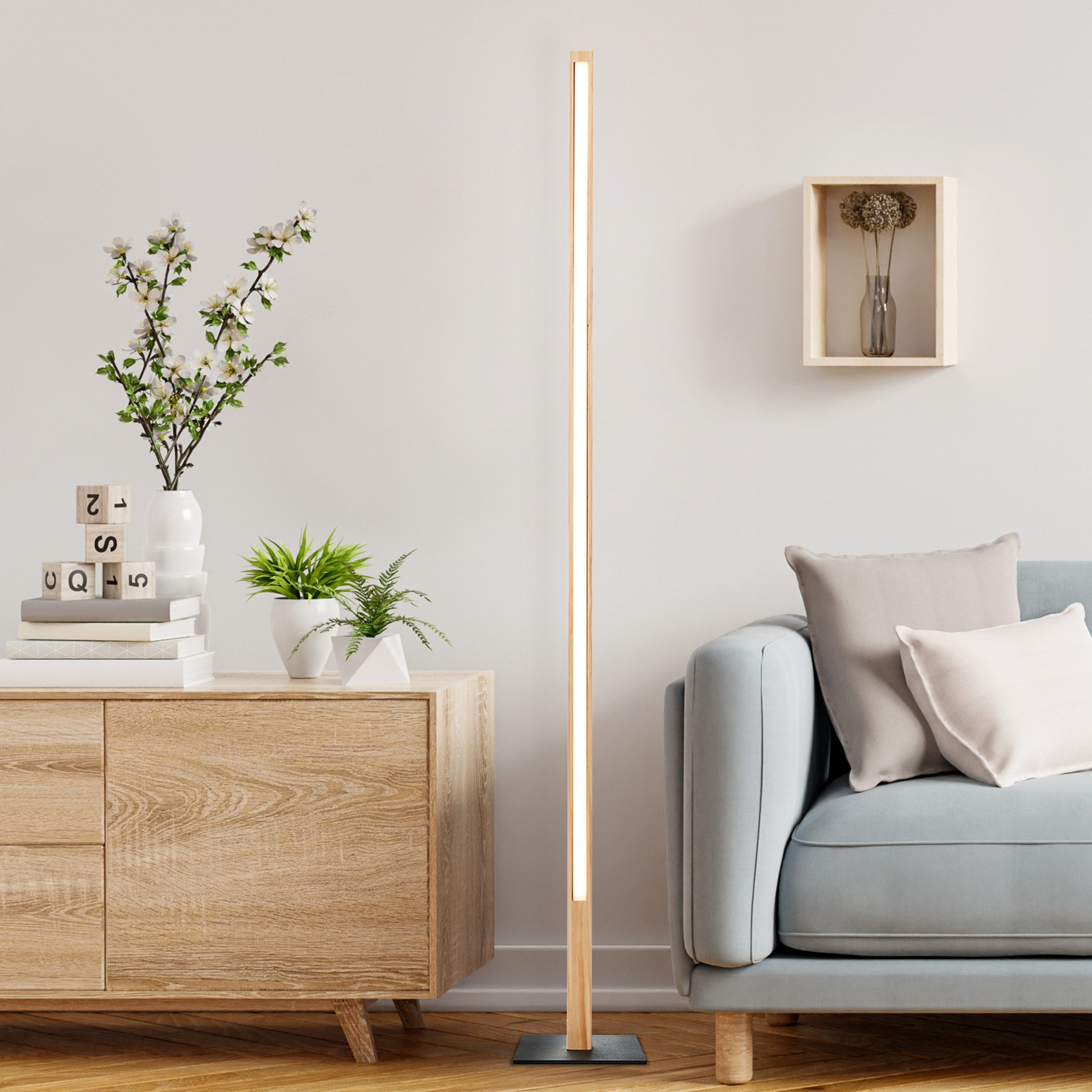 Lightbox Stehlampe, LED fest integriert, Warmweiß, LED-Stehleuchte aus Holz, 120 cm Höhe, 1400 lm, 3000 K, Metallfuß