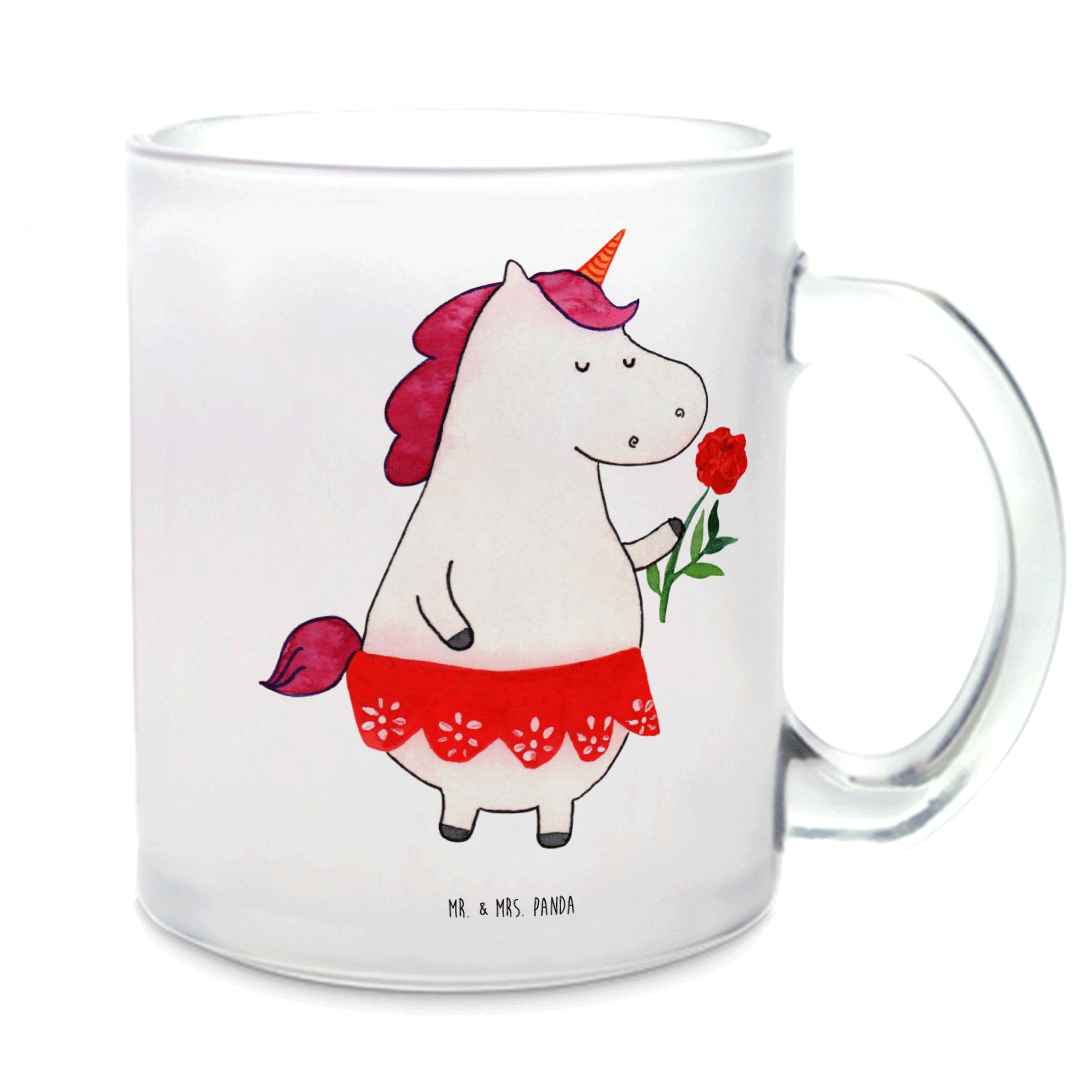 Mr. & Mrs. Panda Teeglas Einhorn Dame - Transparent - Geschenk, Teetasse aus Glas, Einhorn Dek, Premium Glas, Liebevolle Gestaltung