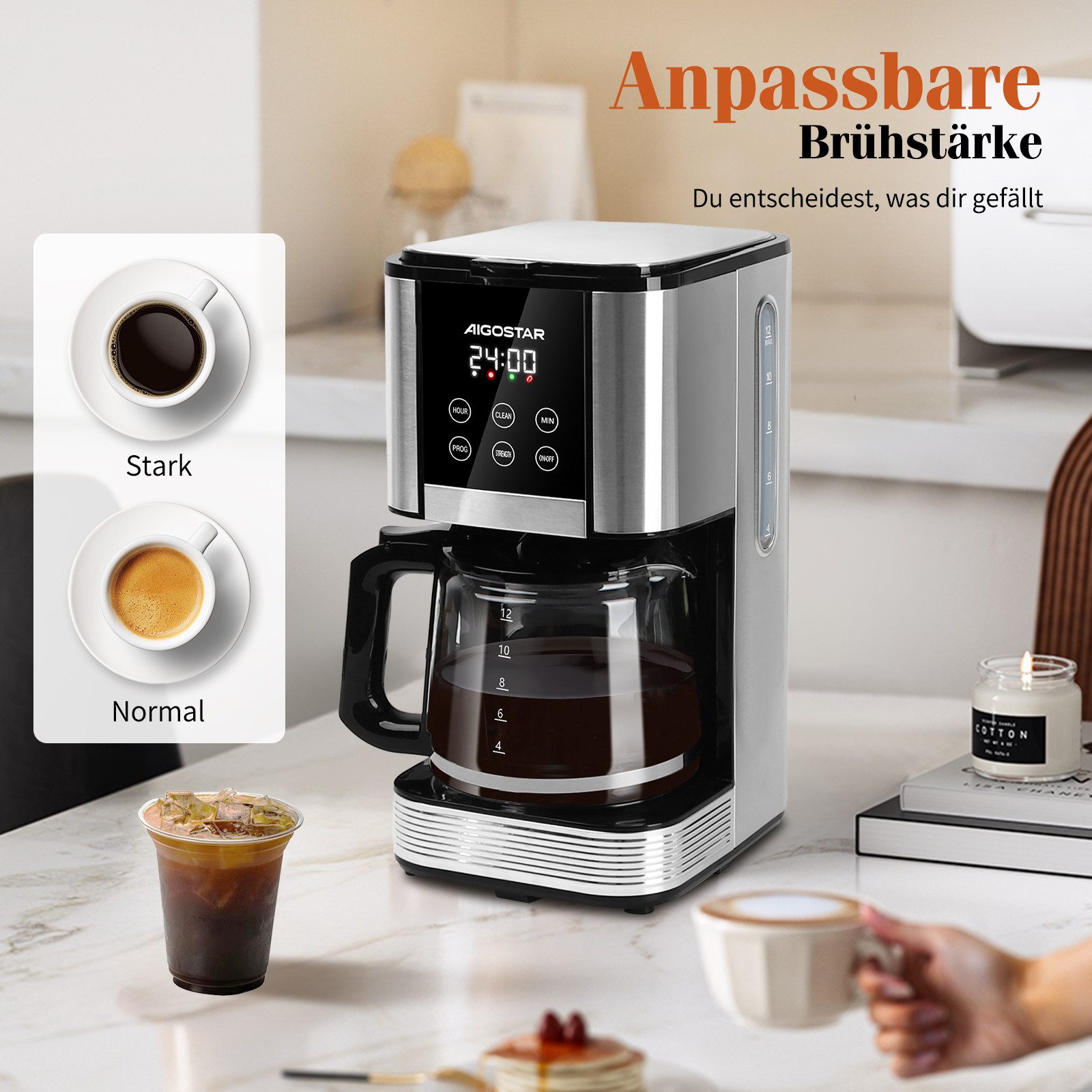 Aigostar Filterkaffeemaschine 1000W, 1,5L Wassertank/14-Tassen, Programmierbar 24H, Tropf-Stopp, AutoClean, 1.2l Kaffeekanne, Korbfilter, 1,5L Wassertank, 1000W, LCD-Display, Intensitätseinstellung