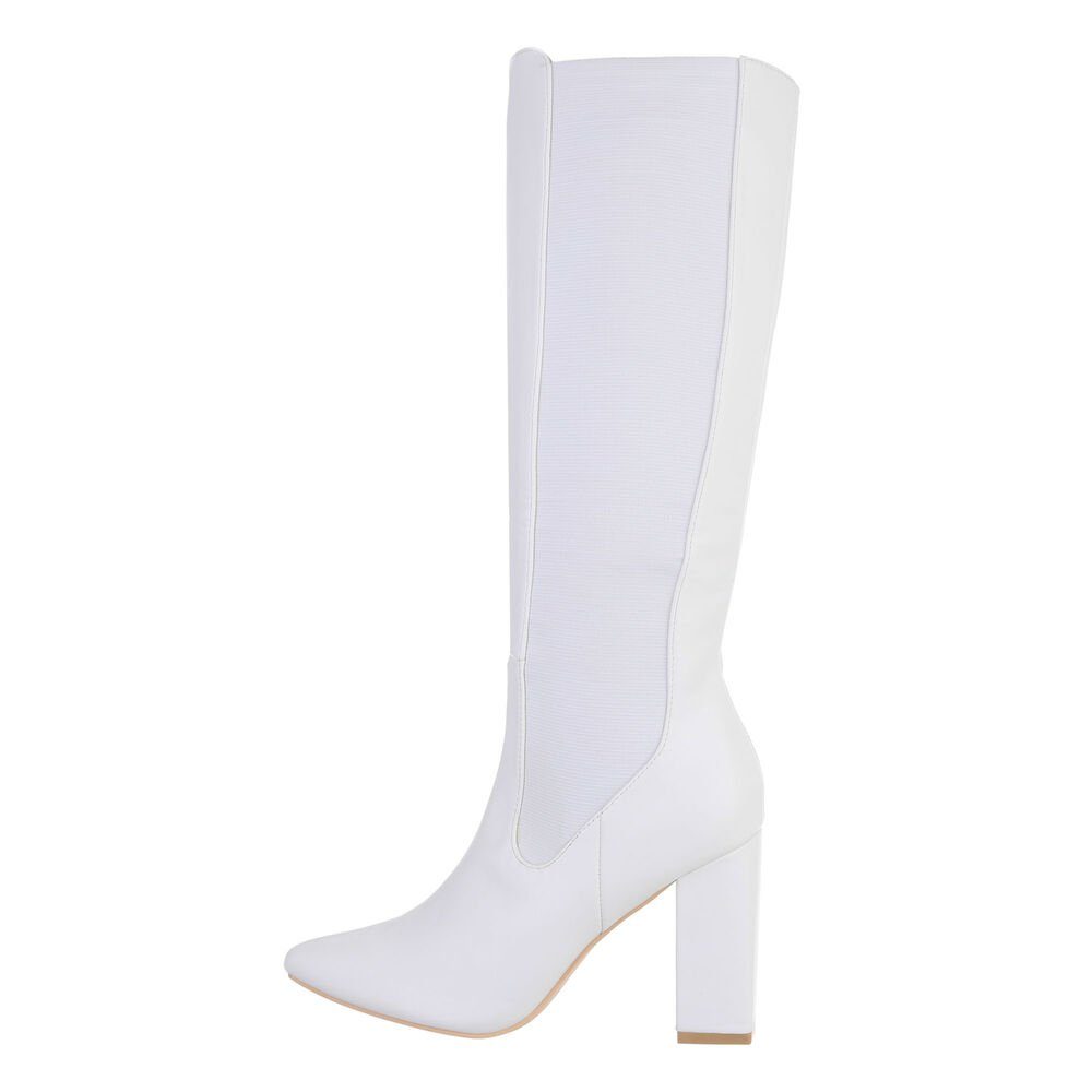 Ital-Design Damen Abendschuhe Elegant Stiefel Blockabsatz High-Heel Stiefel in Weiß