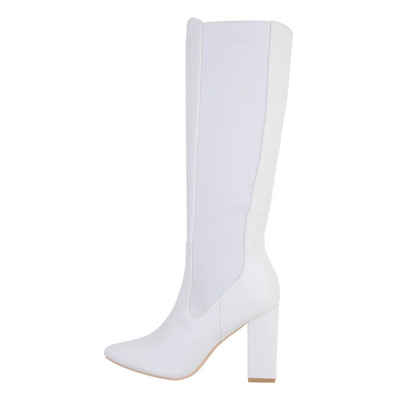 Ital-Design Damen Abendschuhe Elegant Stiefel Blockabsatz High-Heel Stiefel in Weiß