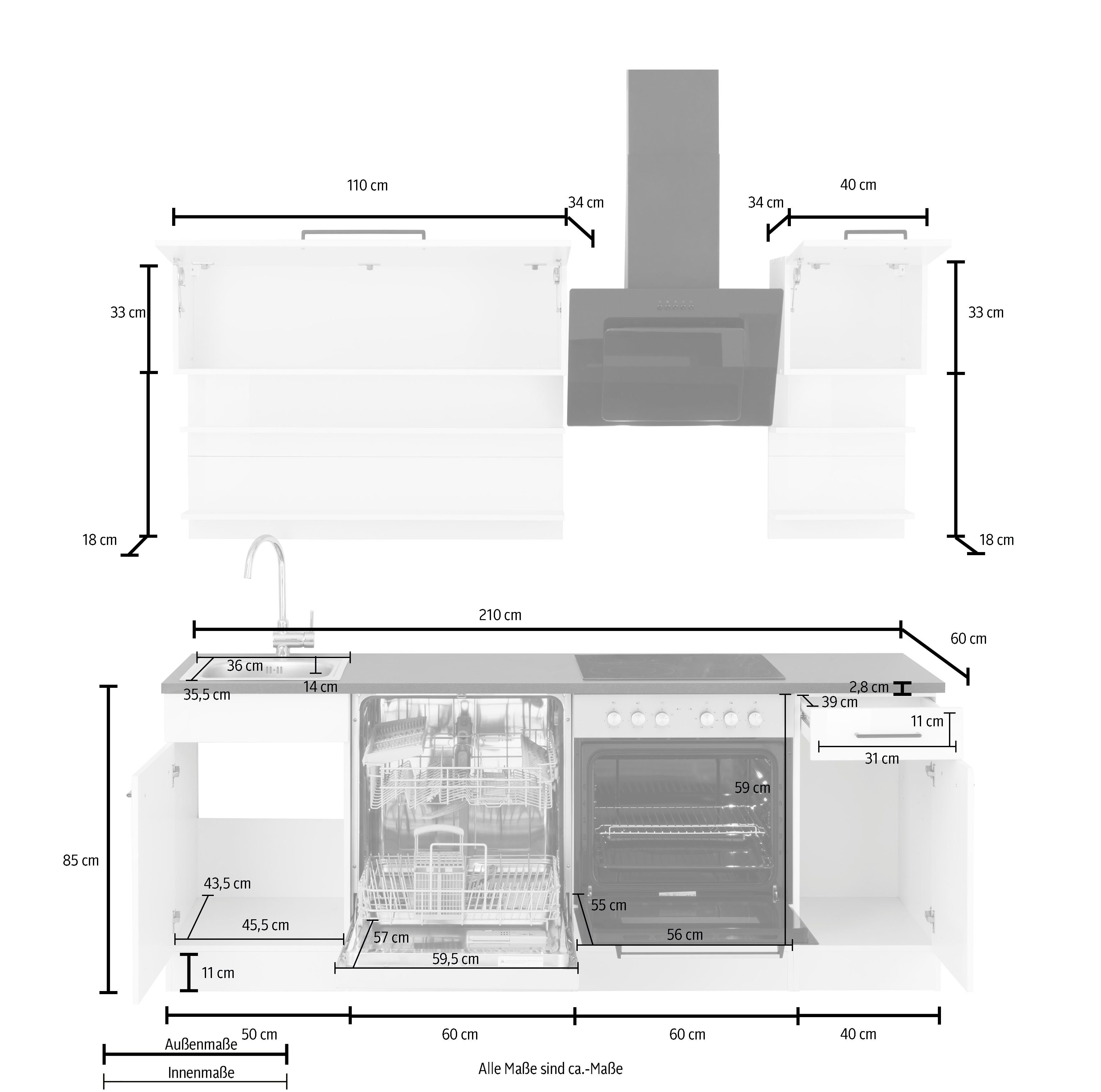KOCHSTATION Küchenzeile KS-Tulsa, mit E-Geräten, Breite 210 cm, schwarze Metallgriffe, MDF Fronten