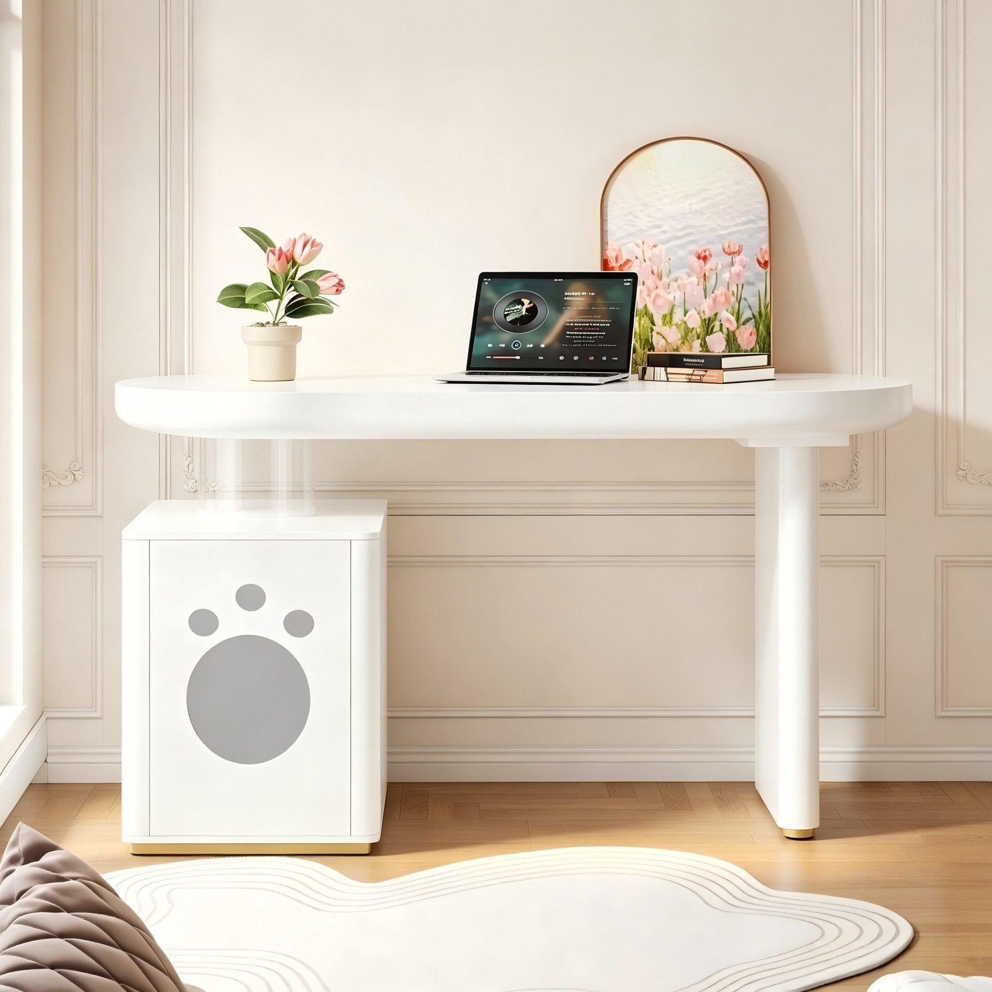 Merax Schreibtisch mit Haustierbett, Abgerundete Kanten (1-St., Computertisch, Bürotisch, Arbeitstisch, Haustierhöhle), für Katzen & Hunde, 117×50×76 cm, Weiß