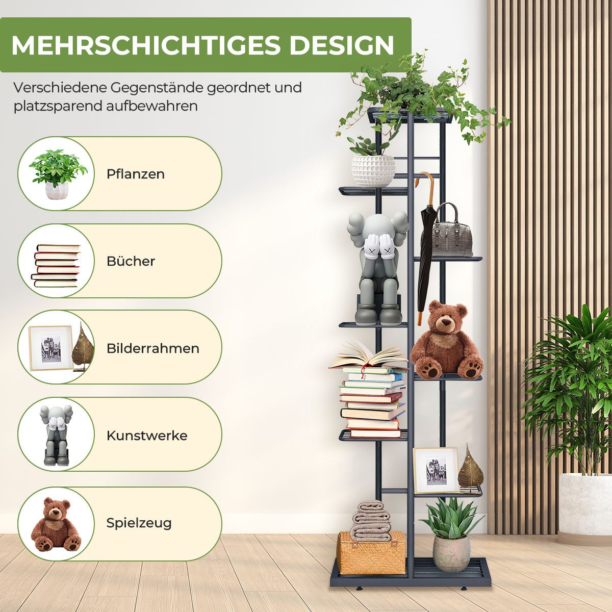 Simloveve 9-Tier Metal Plant Stand/Plant Shelf (Indoor/Outdoor), Dark Grey, 145cm High, for Garden or Balcony