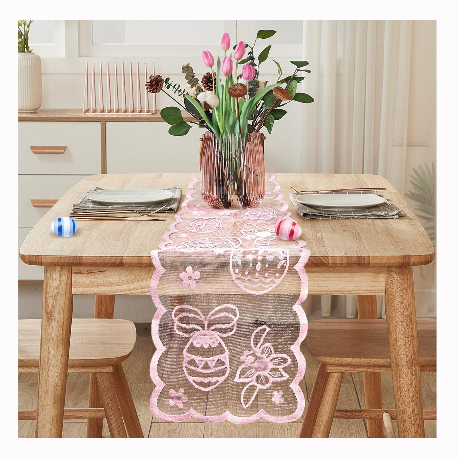 CLTYQ Tischdecke Easter Lace Table Cloth Runner, Ostertischläufer 183*33CM, Kaninchen, Esstisch Dekoration,für die Drinnen Urlaub Party Dekor,Wohnzimmer