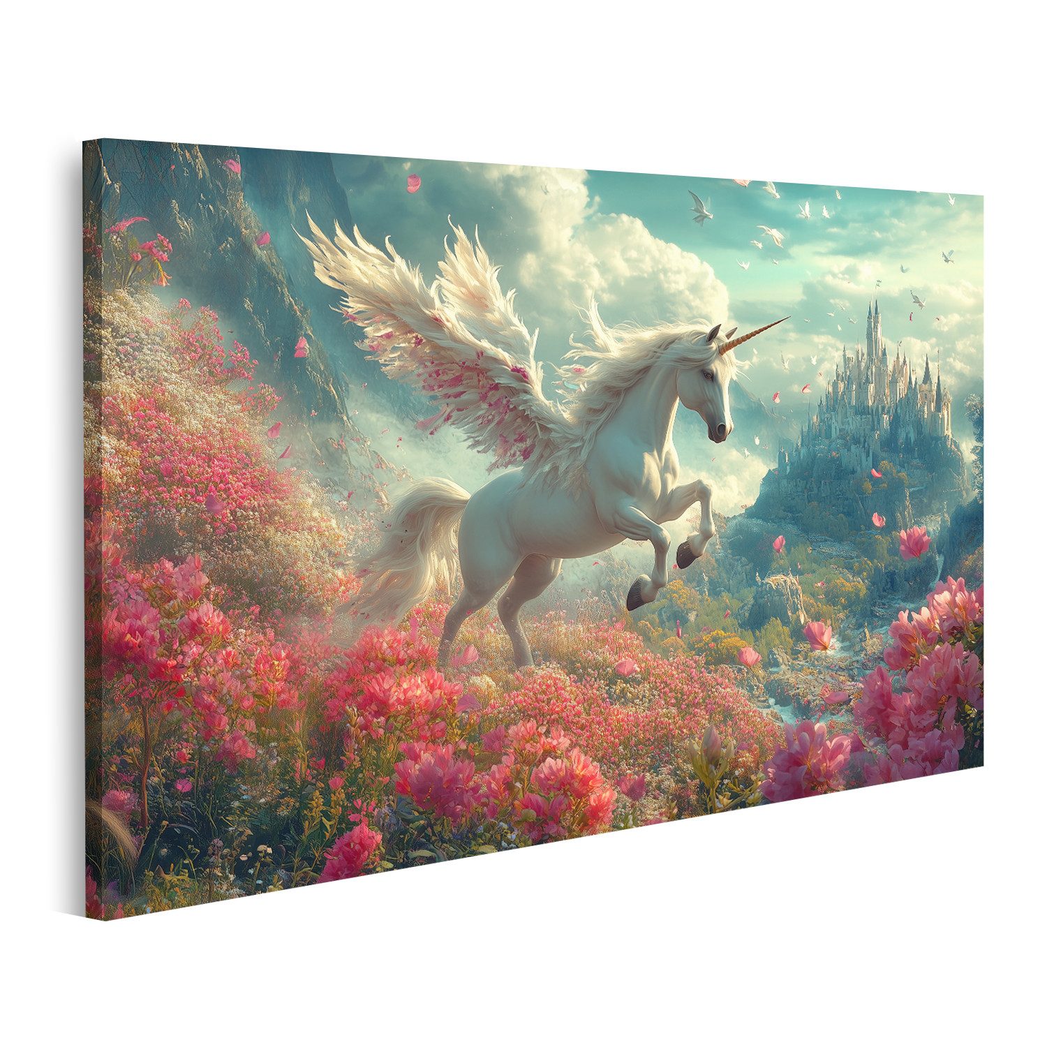 islandburner Leinwandbild Fliegendes Einhorn im magischen Blumengarten