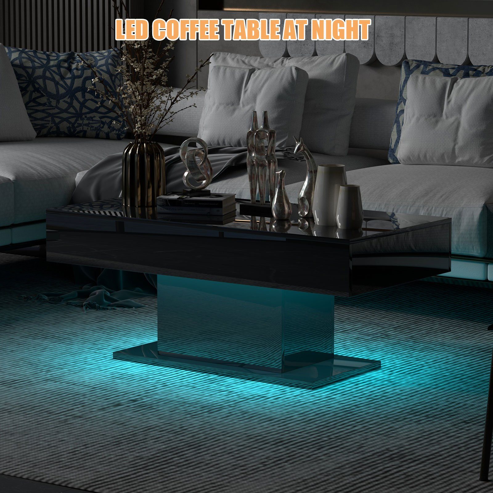modern Schwarz radelldar Hochglanz Wohnzimmertisch mit 110x55x50cm,USB Couchtisch LED&Fernsteuerung