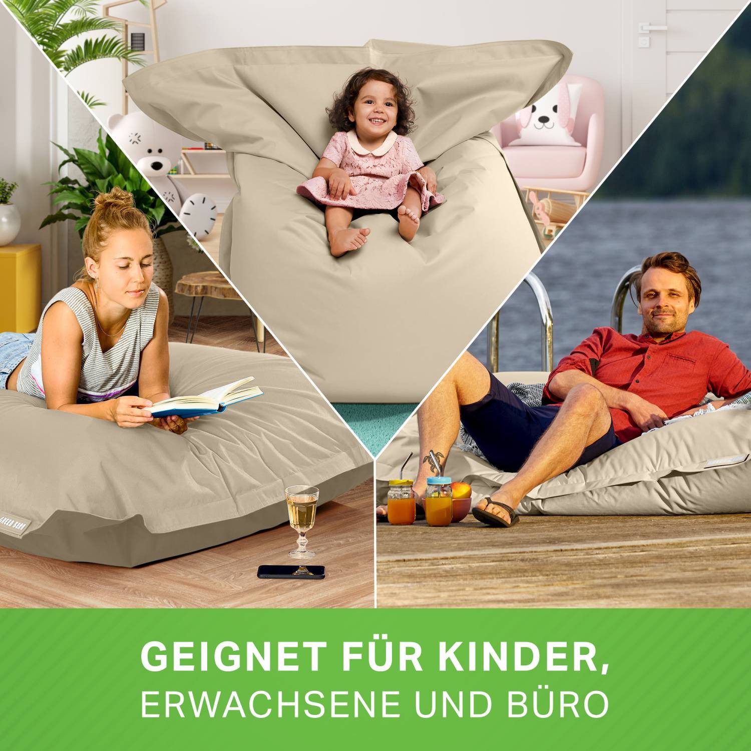 Green Bean Sitzsack XXL Outdoor Sitzsack Square 140x180cm (XXL Riesensitzsack 140x180cm 380 Liter Kinder & Erwachsene Bean Bag EPS Perlen Füllung, Groß Draußen Outdoor Liegekissen), Waschbar Wetterfest Lounge Sitzkissen Bodenkissen