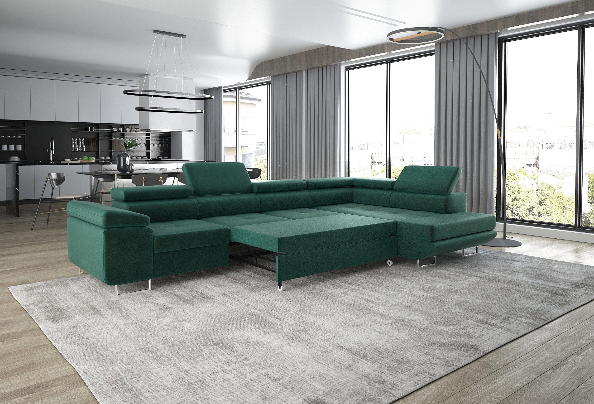thematys Ecksofa ASTON LONG 355 x 204cm mit Schlaffunktion & Bettkasten – L-Sofa, mit 4 verstellbaren Kopfstützen, Cord (Poso) oder Samt (Monolith), - XXL Wohnlandschaft im modernen Design