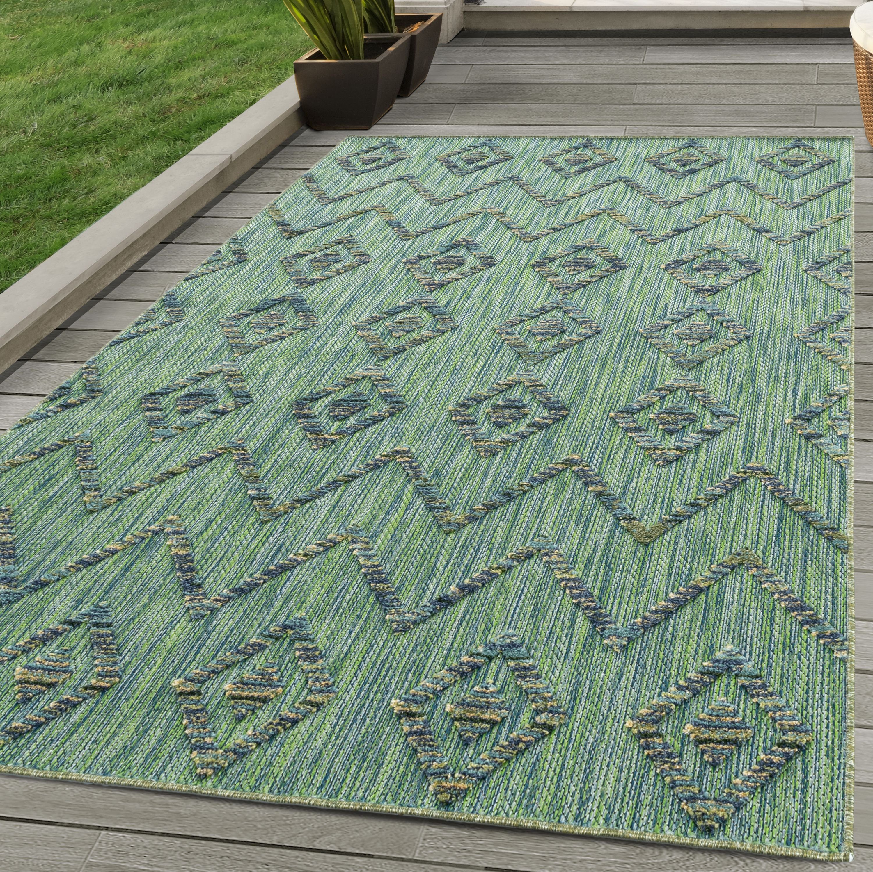 Outdoorteppich Boho-Design, SIMPEX24, Läufer, Höhe: 10 mm, Outdoor Teppich Grün 3D Boho Design für Küchen Balkon Terrasse Garten