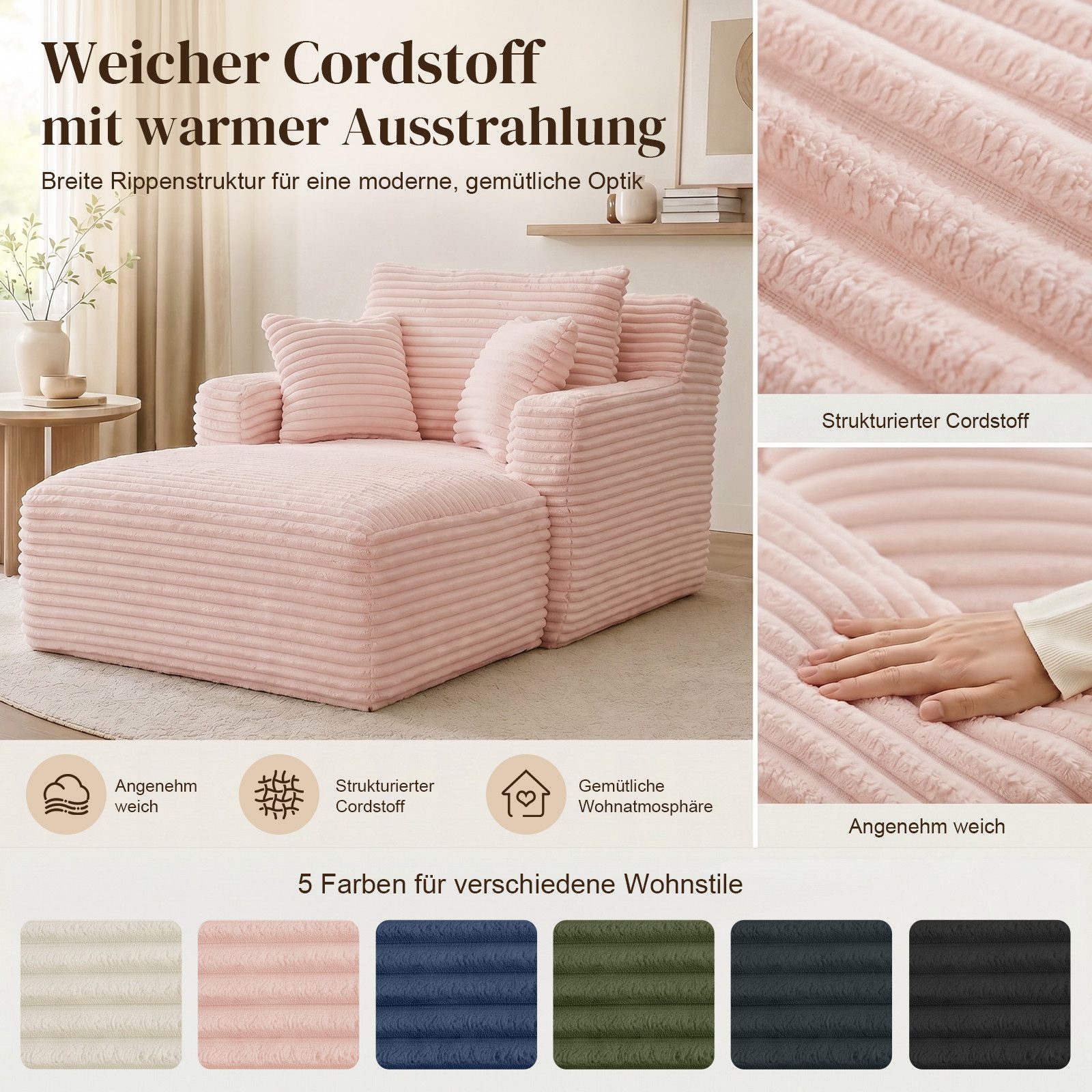ANYSUN Loungesofa Modernes Chaiselongue-Sofa,Cord-Schlafsofa, 2 Kissen,Relaxsessel Cord, ohne Montage mit Taschenfederkern & Schaumstoffpolsterung,Loungesofa, Lesesessel bequem, fur Wohnzimmer, Büro & Wohnung,Apartment