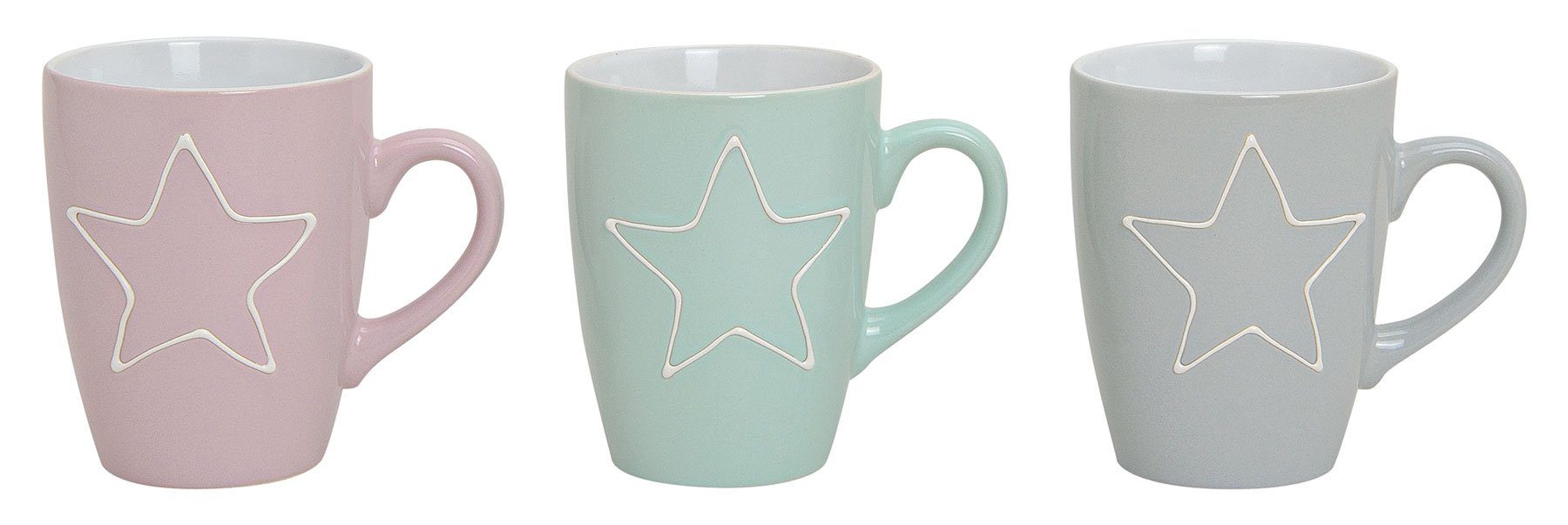 Levandeo® Becher, 3er Set Becher 300ml Stern Keramik Pastell Rosa Grün Grau Kaffeepott