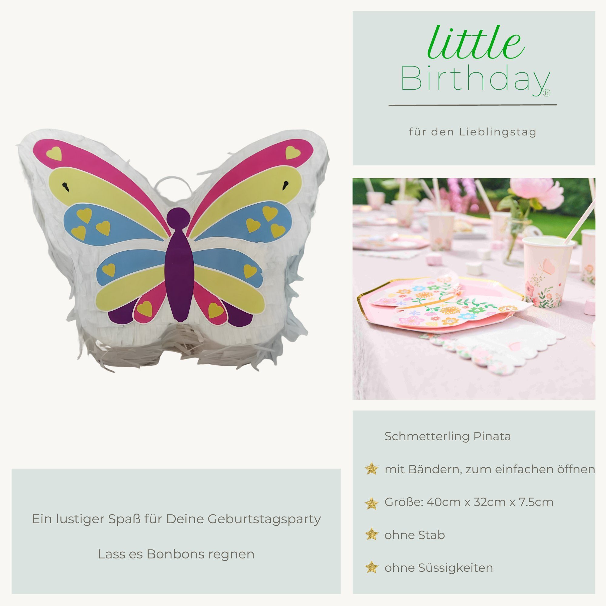 little Birthday Pinata little Birthday - 1x Schmetterling Pinata, mit Schnüren, ohne Süßes, 40 x 32 x 7,5 cm, weiß
