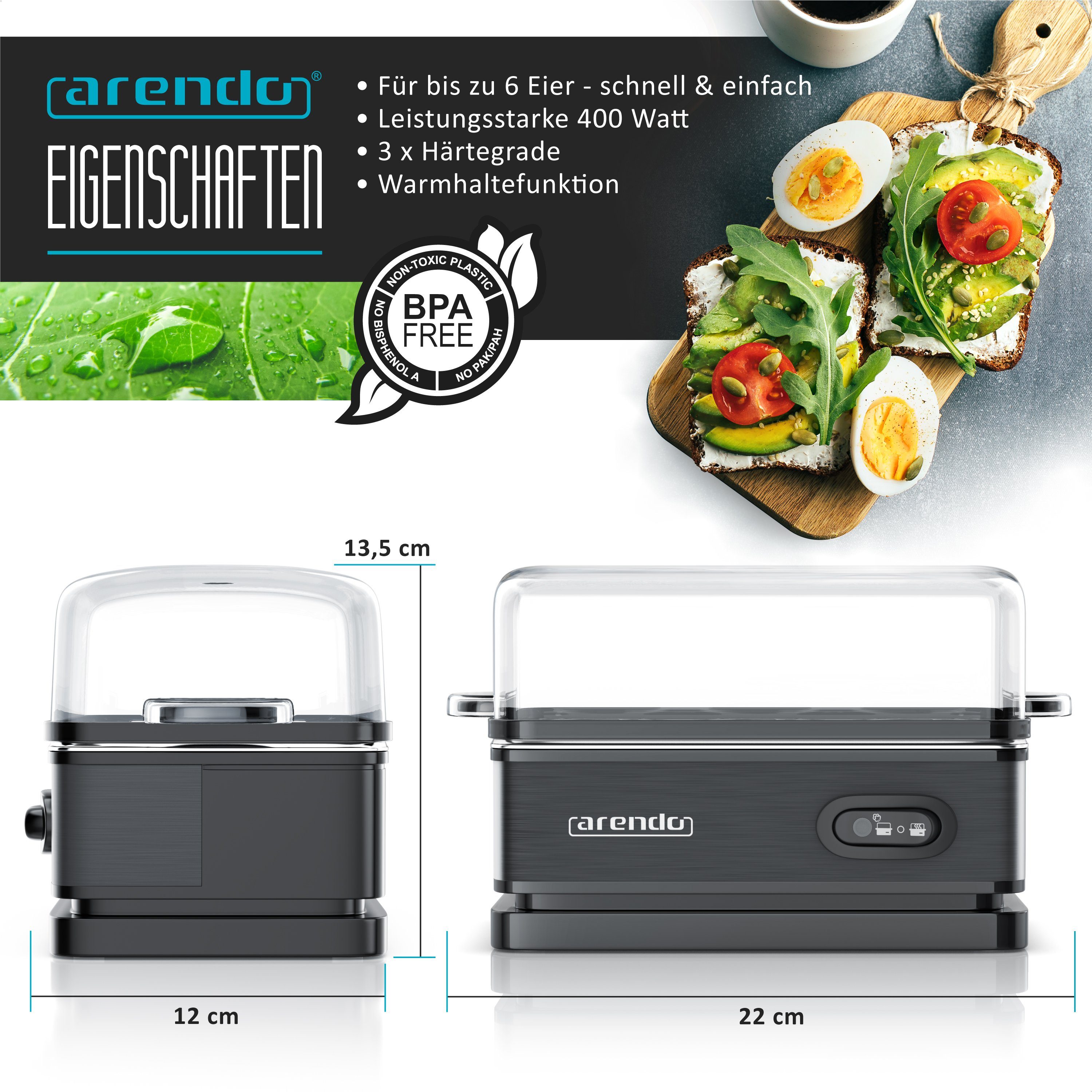 Arendo Eierkocher 6-fach, Edelstahl, mit Warmhaltefunktion, frei wählbarer Härtegrad, Anzahl Eier: 6 St., 400 W, Kipp-Funktionsschalter mit Indikationsleuchte, für bis zu 6 Eier