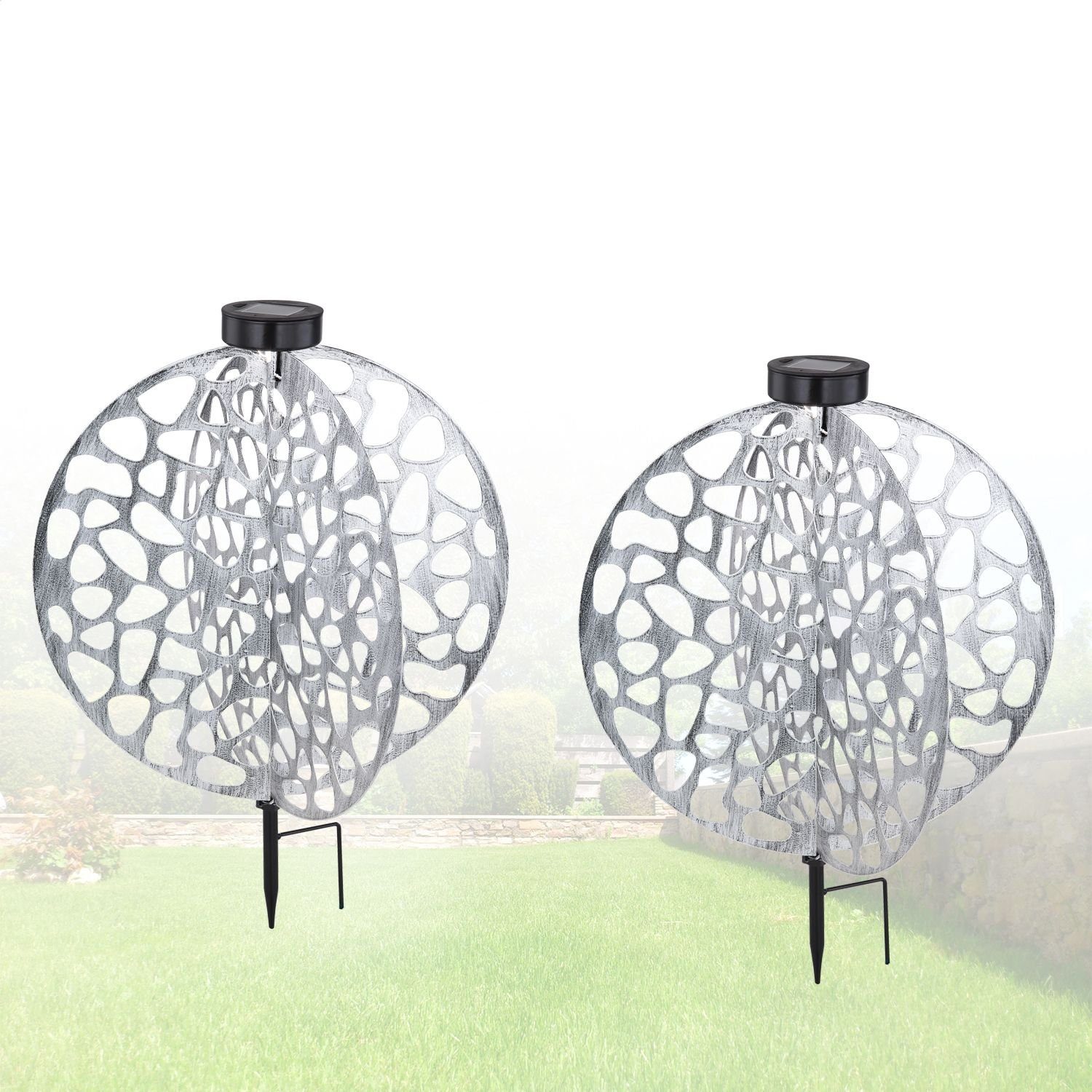 bmf-versand LED Solarleuchte Solarleuchte Garten 2er Set Scheibe Rund Solarlampe Außen, Außenlampe, Außenbeleuchtung, LED fest integriert, warmweiß, Gartenleuchte