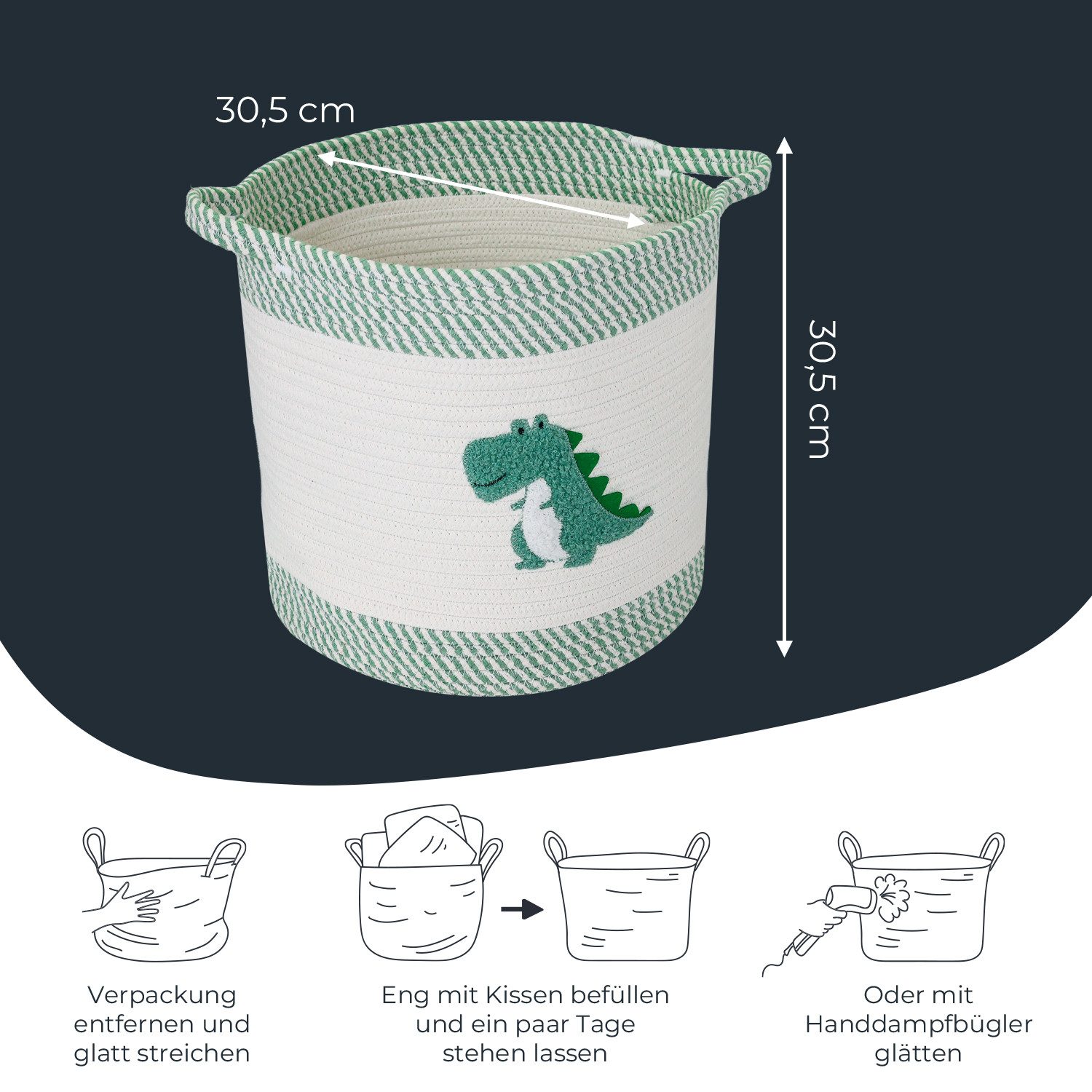 HMF Aufbewahrungskorb Aufbewahrungskorb mit verlängerten Griffen, runder Korb, Baumwolle für Kinderzimmer oder Babyzimmer,Dinosaurier, 30,5 x 30,5 cm – Bild 5 von 5