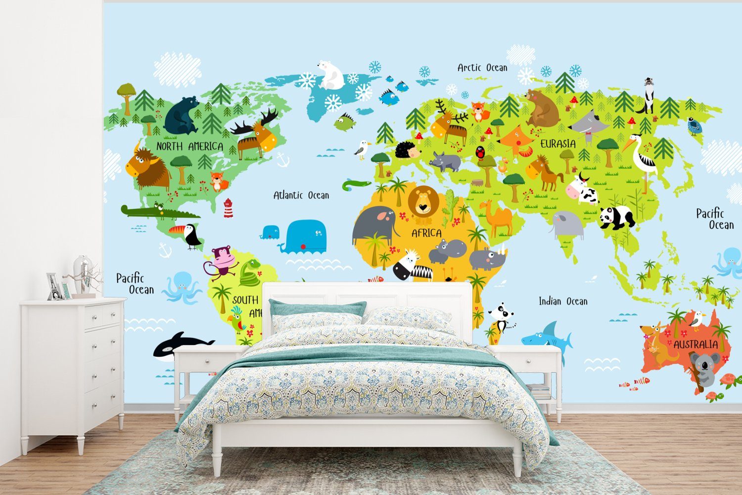 MuchoWow Fototapete Weltkarte - Kinder - Tiere - Natur - Jungen - Mädchen, Matt, bedruckt, (6 St), Wallpaper für Wohnzimmer, Schlafzimmer, Kinderzimmer, Vinyl Tapete