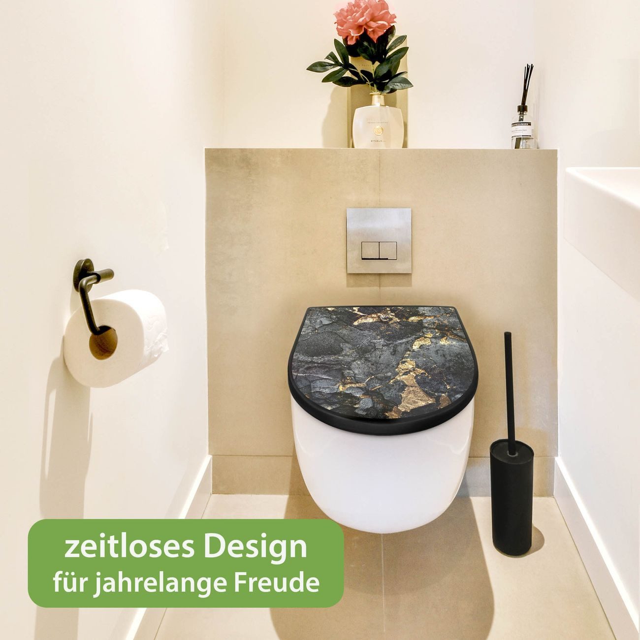 banjado WC-Sitz Premium D-Form mit Absenkautomatik Motiv Schwarzer Marmor mit Gold 1 (umweltfreundliches Material, Softclose Absenkautomatik), 45 x 36,4 x 4 – Bild 5 von 5